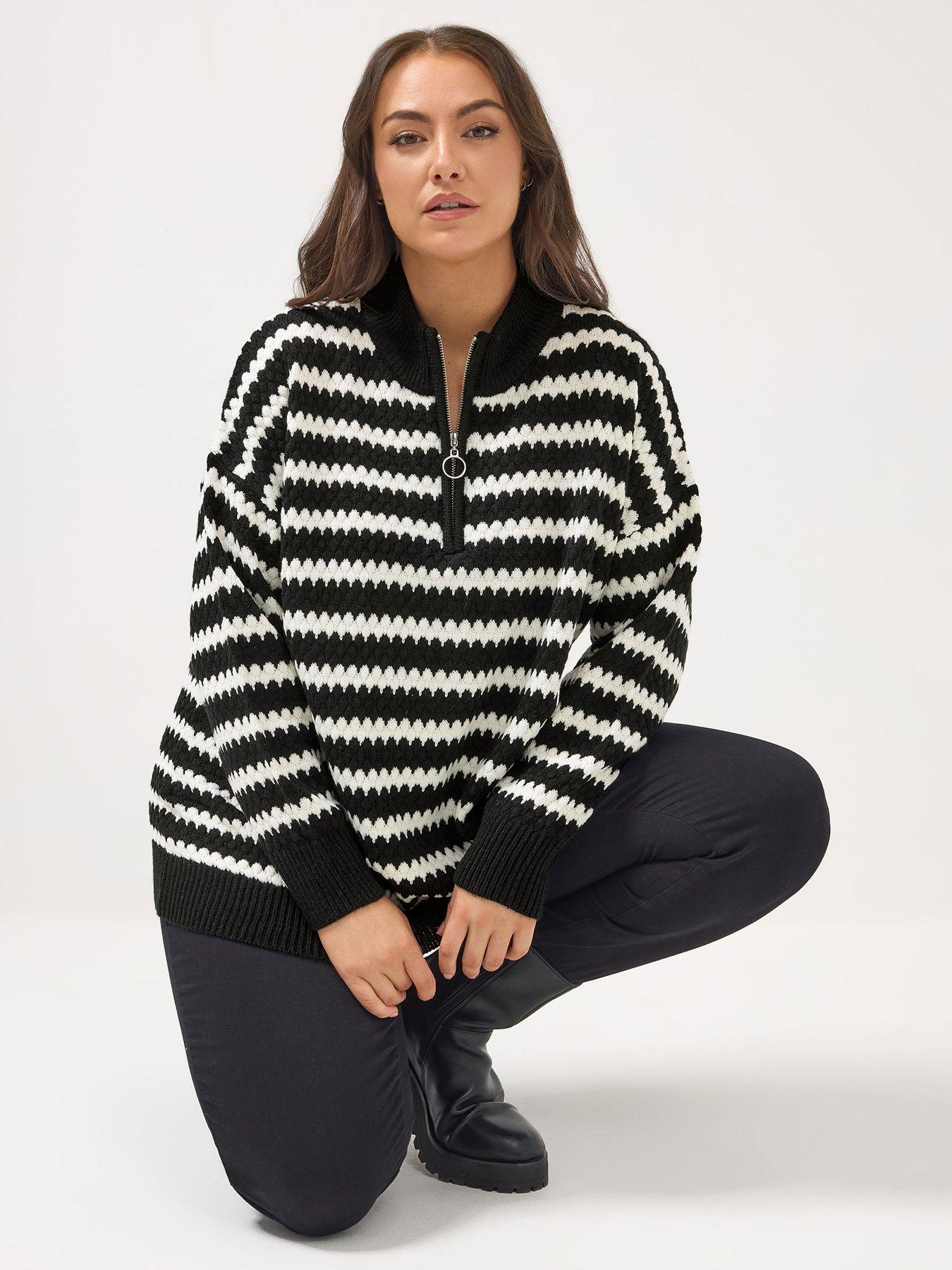 Yours Curve Quarter Zip Scallop Stripe Jumper - Black