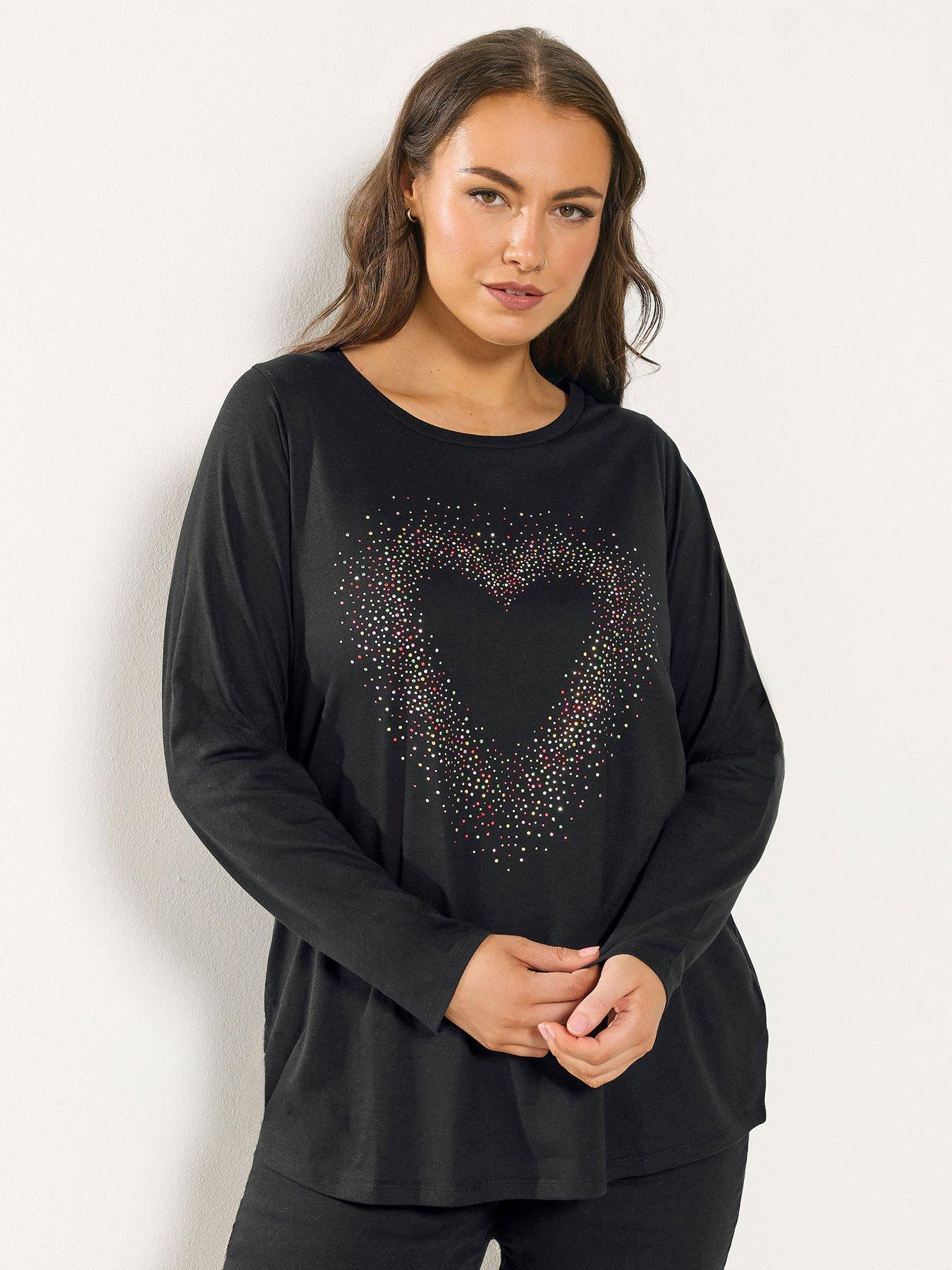 Yours Curve Long Sleeve Heart Print T-Shirt - Black