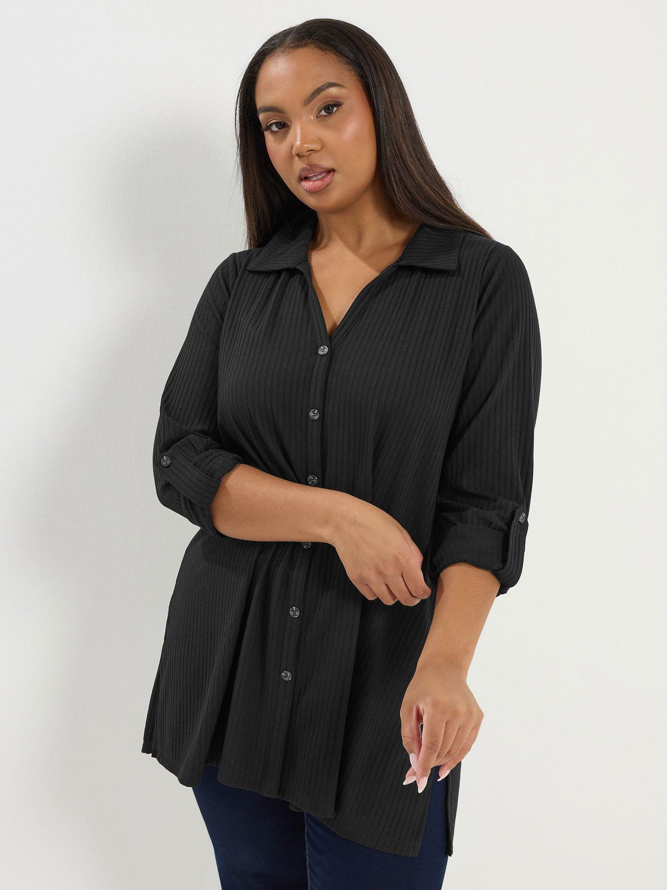 Yours Curve Button Through Ribbed Top - Black