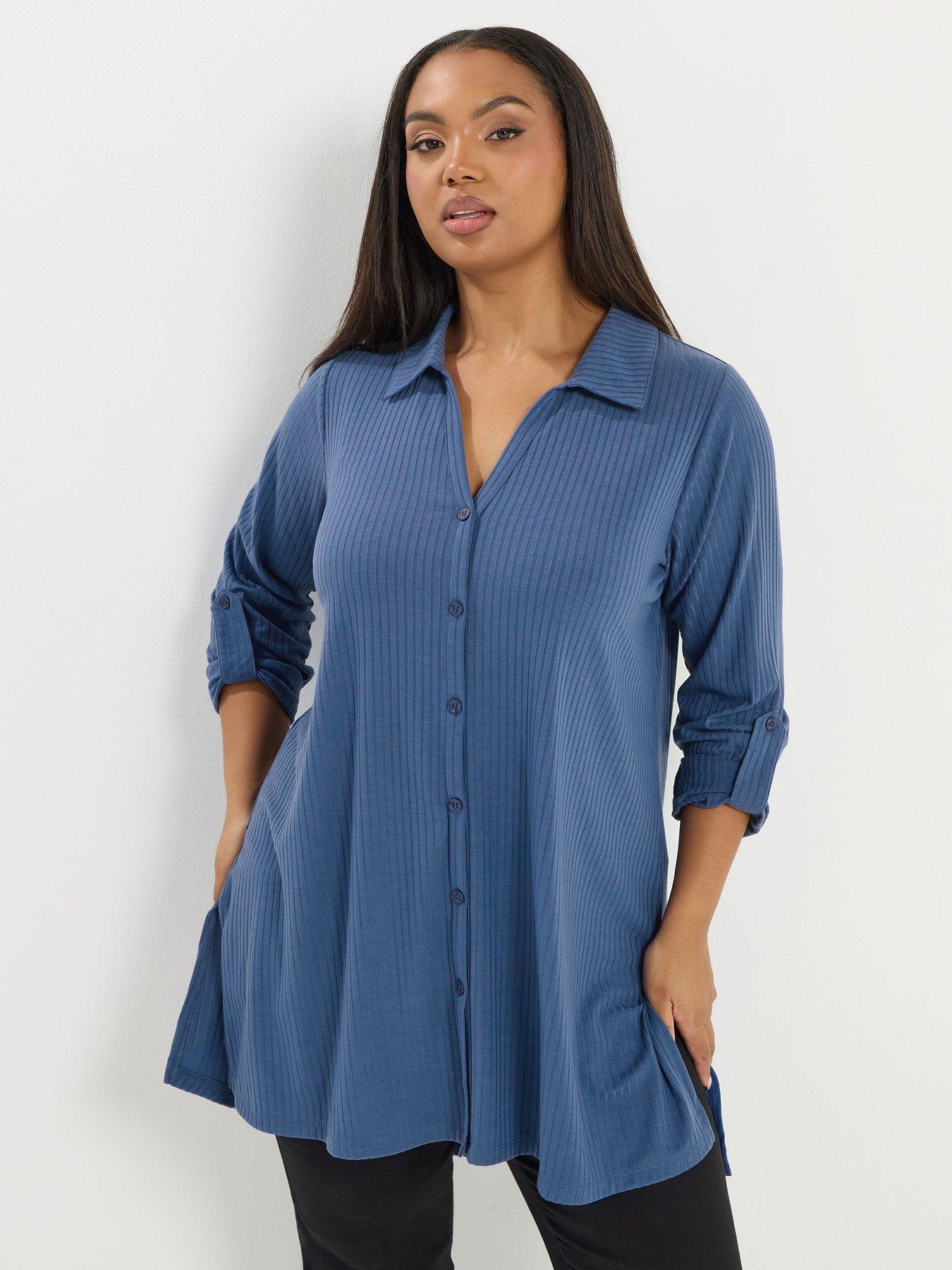 Yours Curve Button Through Ribbed Top - Blue | Very