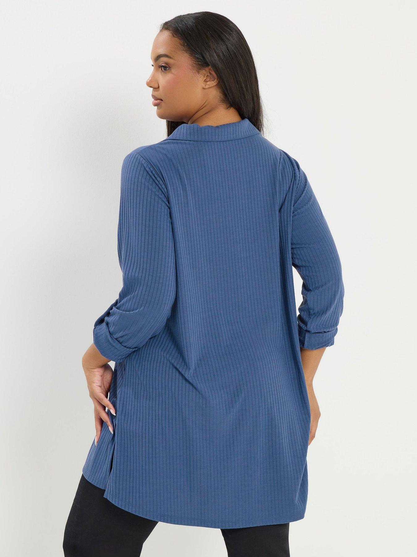Yours Curve Button Through Ribbed Top - Blue | Very