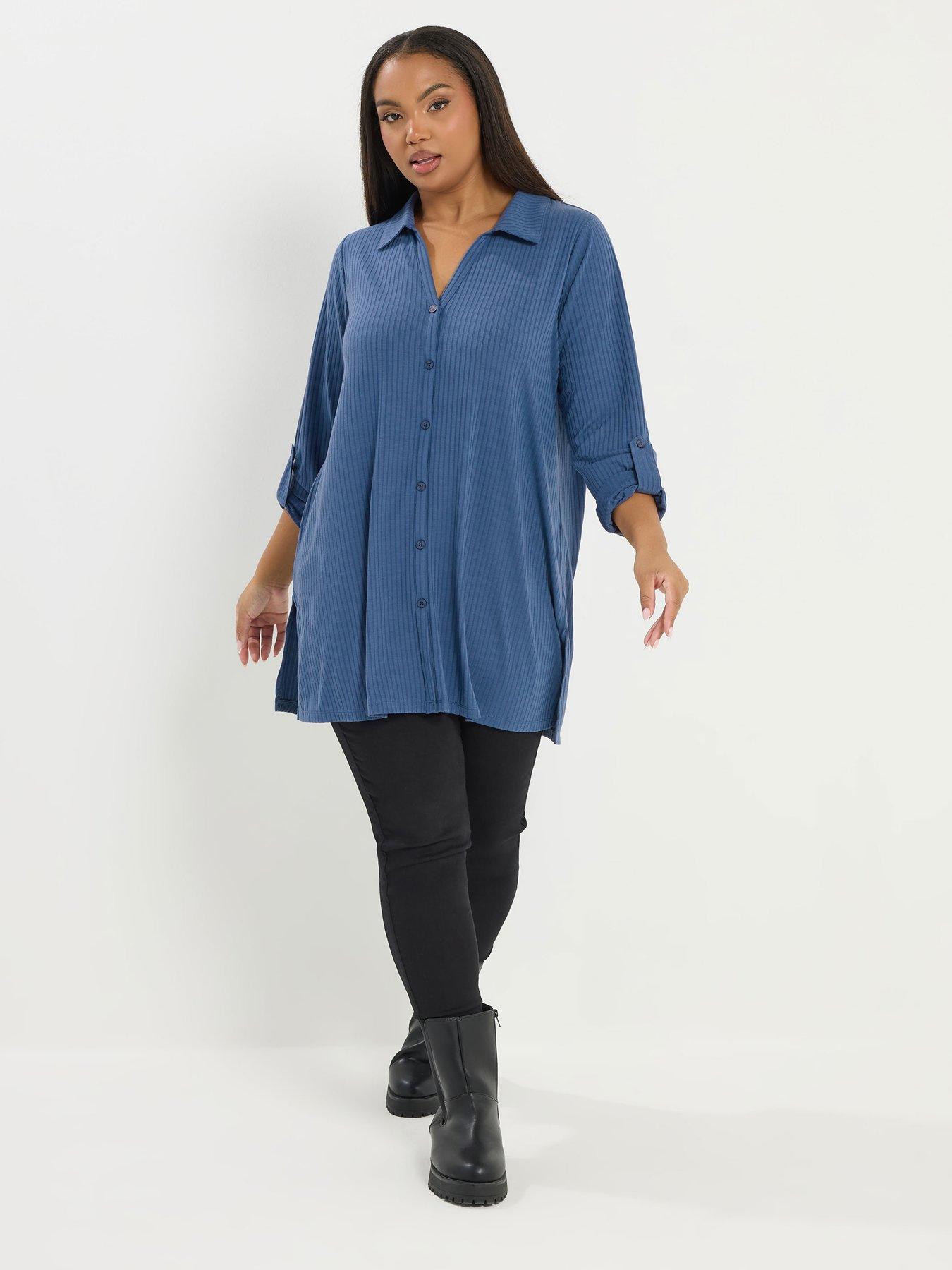 Yours Curve Button Through Ribbed Top - Blue | Very