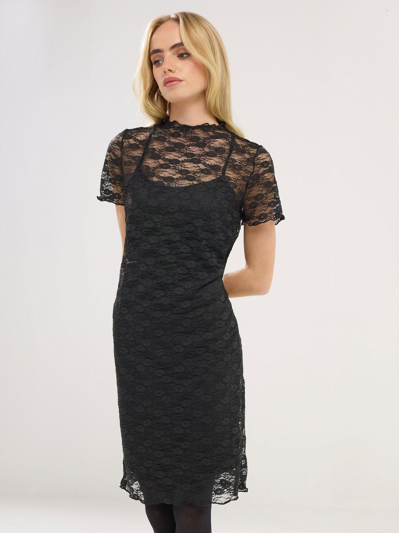 Image 1 of 5 of PixieGirl Petite Lace Short Sleeve Dress - Black