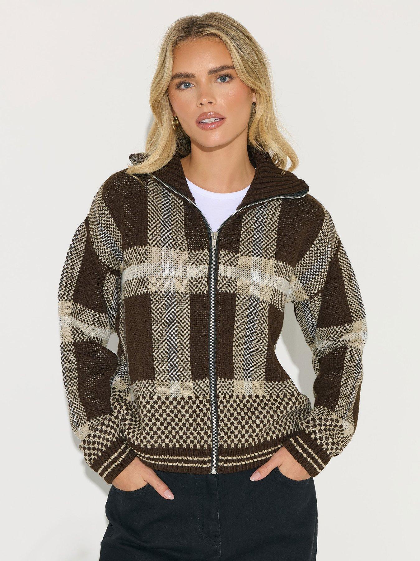 Image 1 of 4 of PixieGirl Petite Check Zip Thru Cardigan - Brown