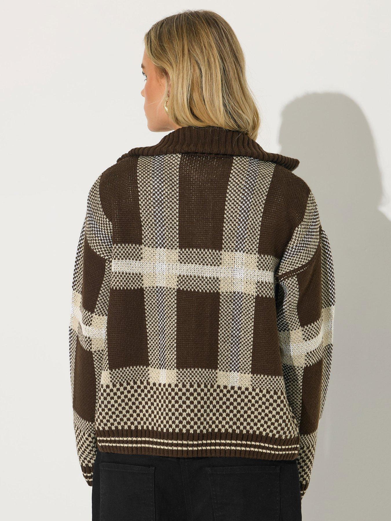 Image 2 of 4 of PixieGirl Petite Check Zip Thru Cardigan - Brown