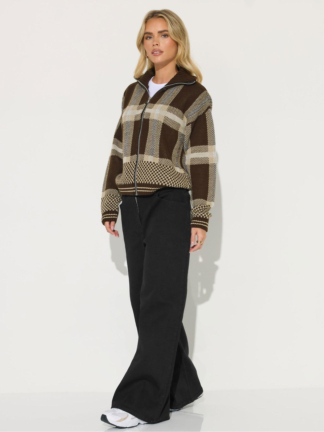 Image 3 of 4 of PixieGirl Petite Check Zip Thru Cardigan - Brown
