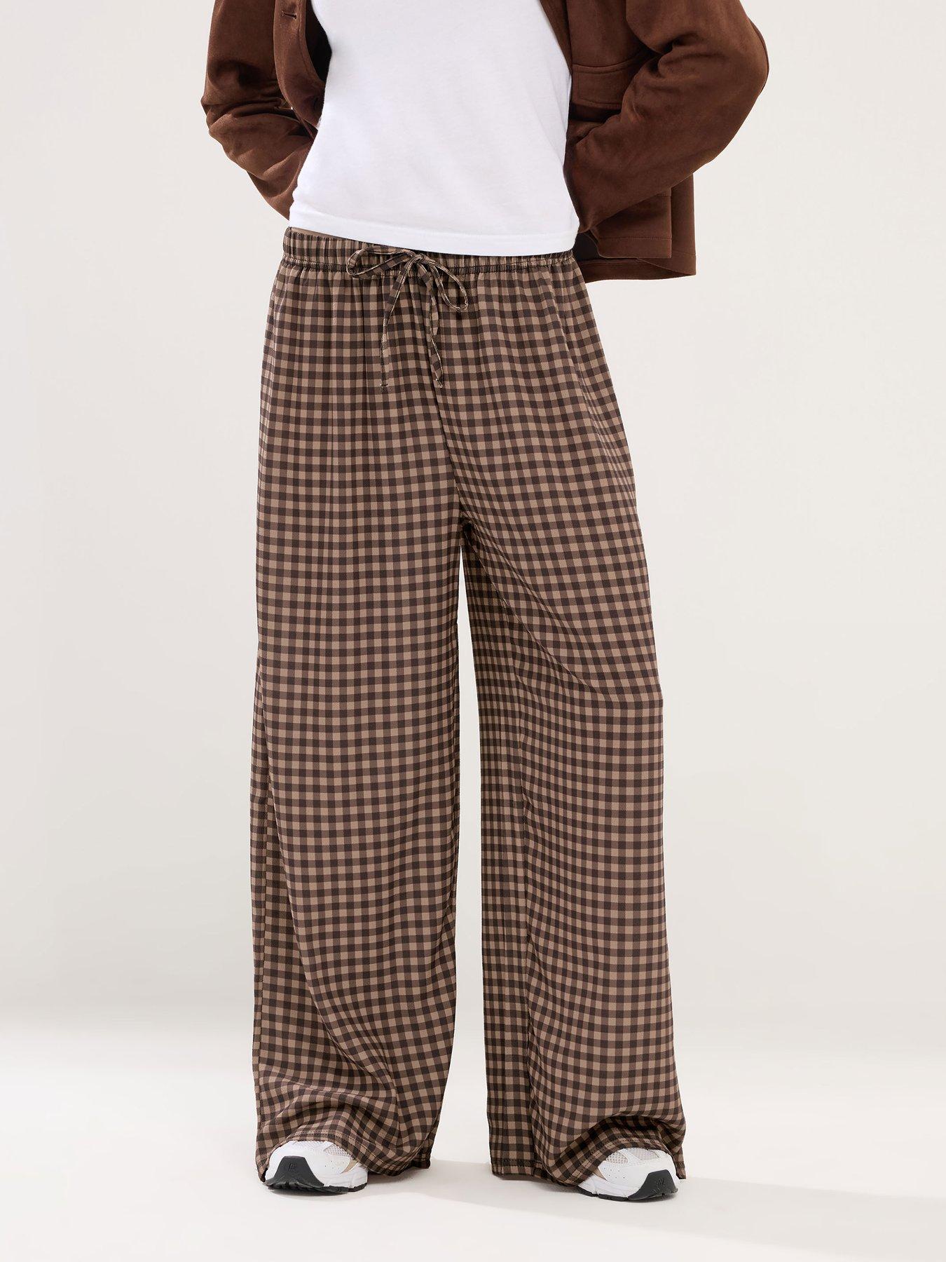 PixieGirl Petite Gingham Check Wide Leg Trouser - Brown