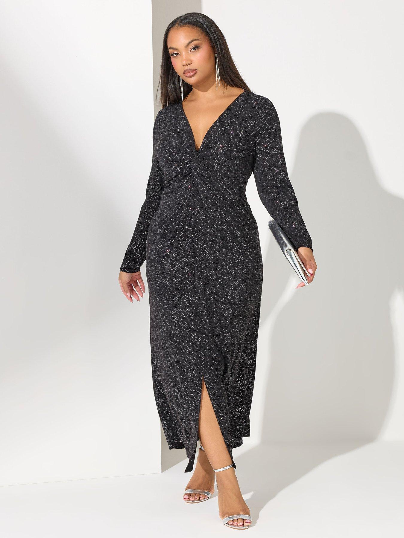 Yours Curve Glitter Knot Front Maxi Dress - Black