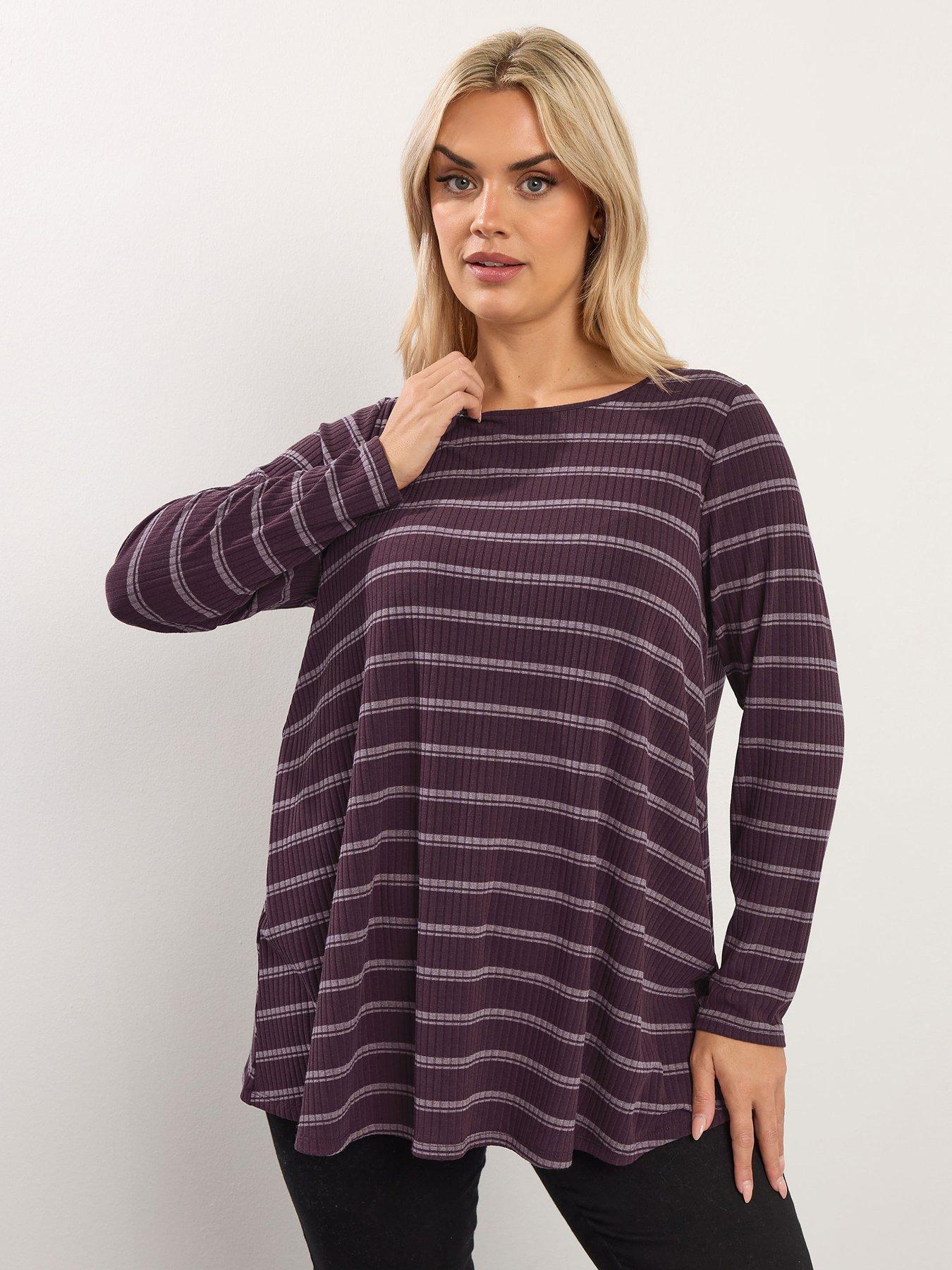 Yours Curve Ribbed Swing Stripe T-Shirt - Purple
