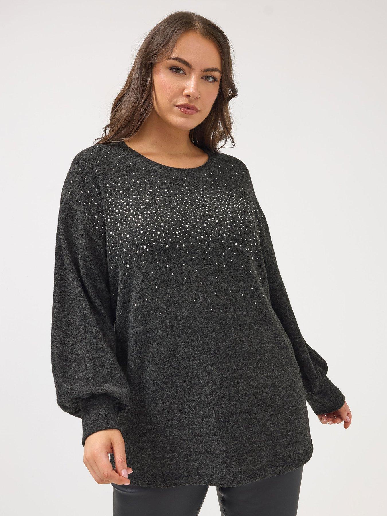 Yours Curve Diamante Embellished Jumper  - Grey