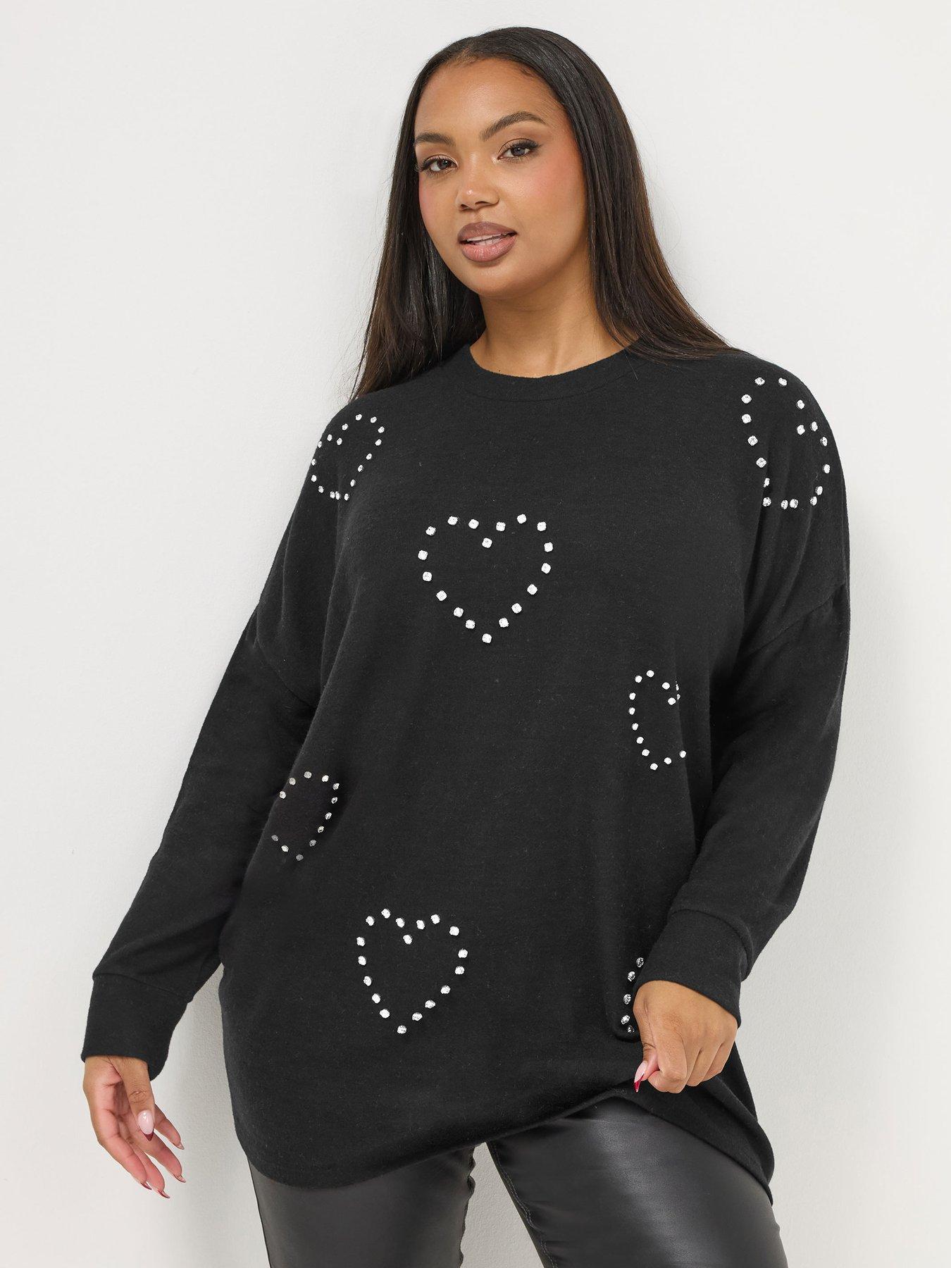 Yours Curve Diamante Heart Jumper - Black