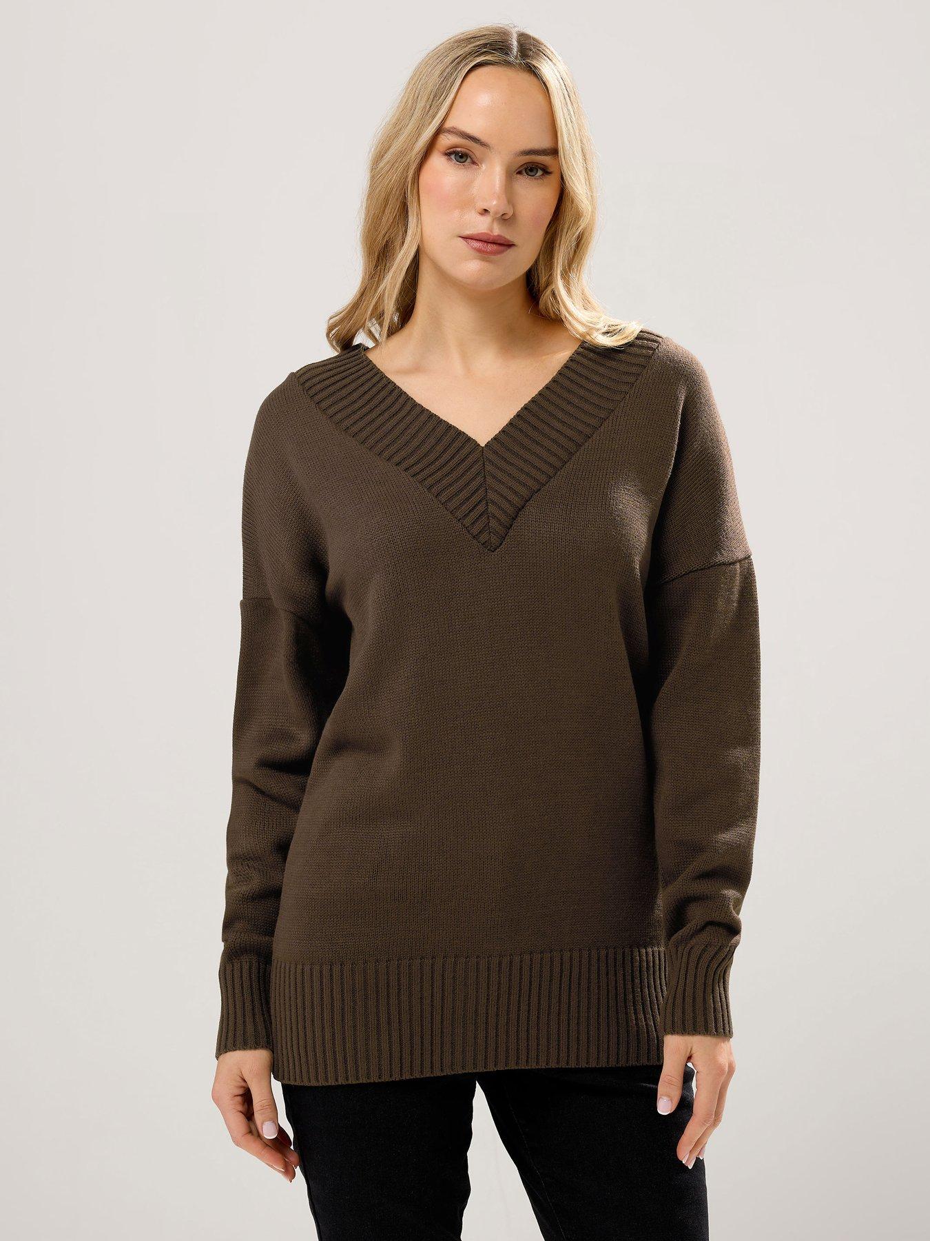 Image 1 of 4 of Long Tall Sally V Neck Jumper - Brown
