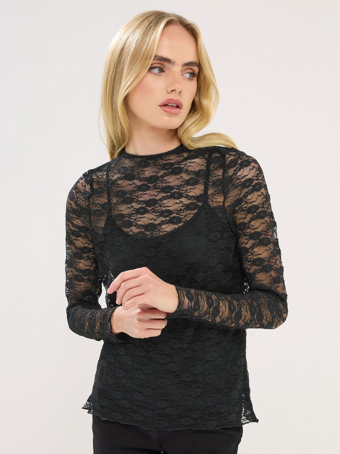PixieGirl Petite Long Sleeve Lace Top - Black