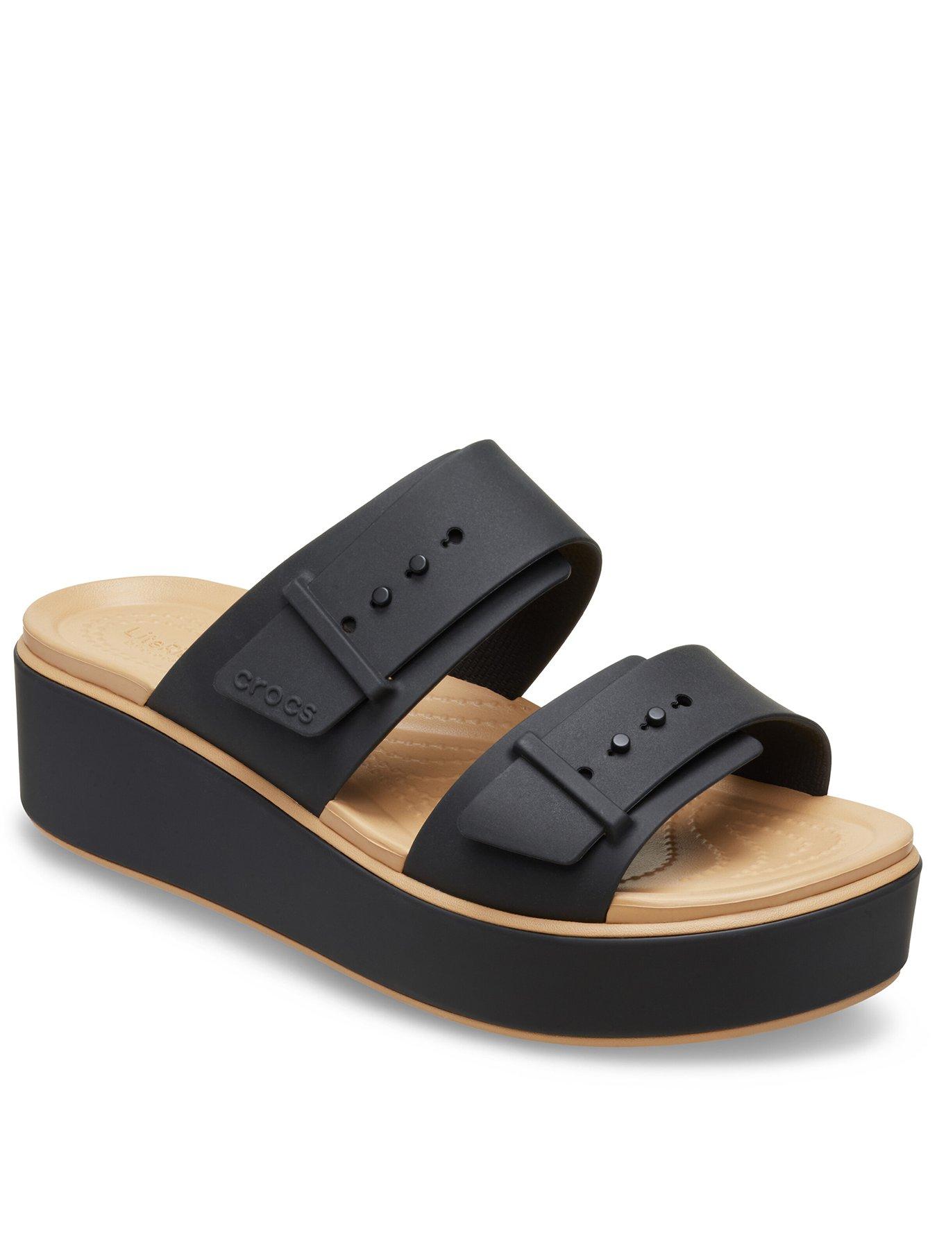 Image 1 of 5 of Crocs Brooklyn Buckle Matte Wrap Low Wedge Sandal - Black