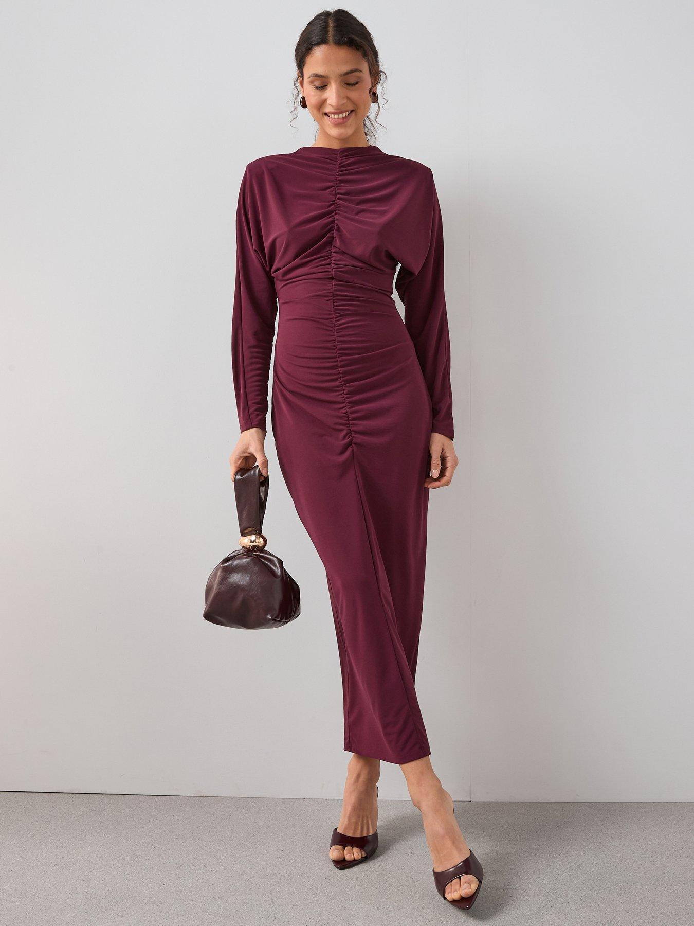 Image 1 of 6 of The Very Collection Ruched Front Midi Dress - Burgundy