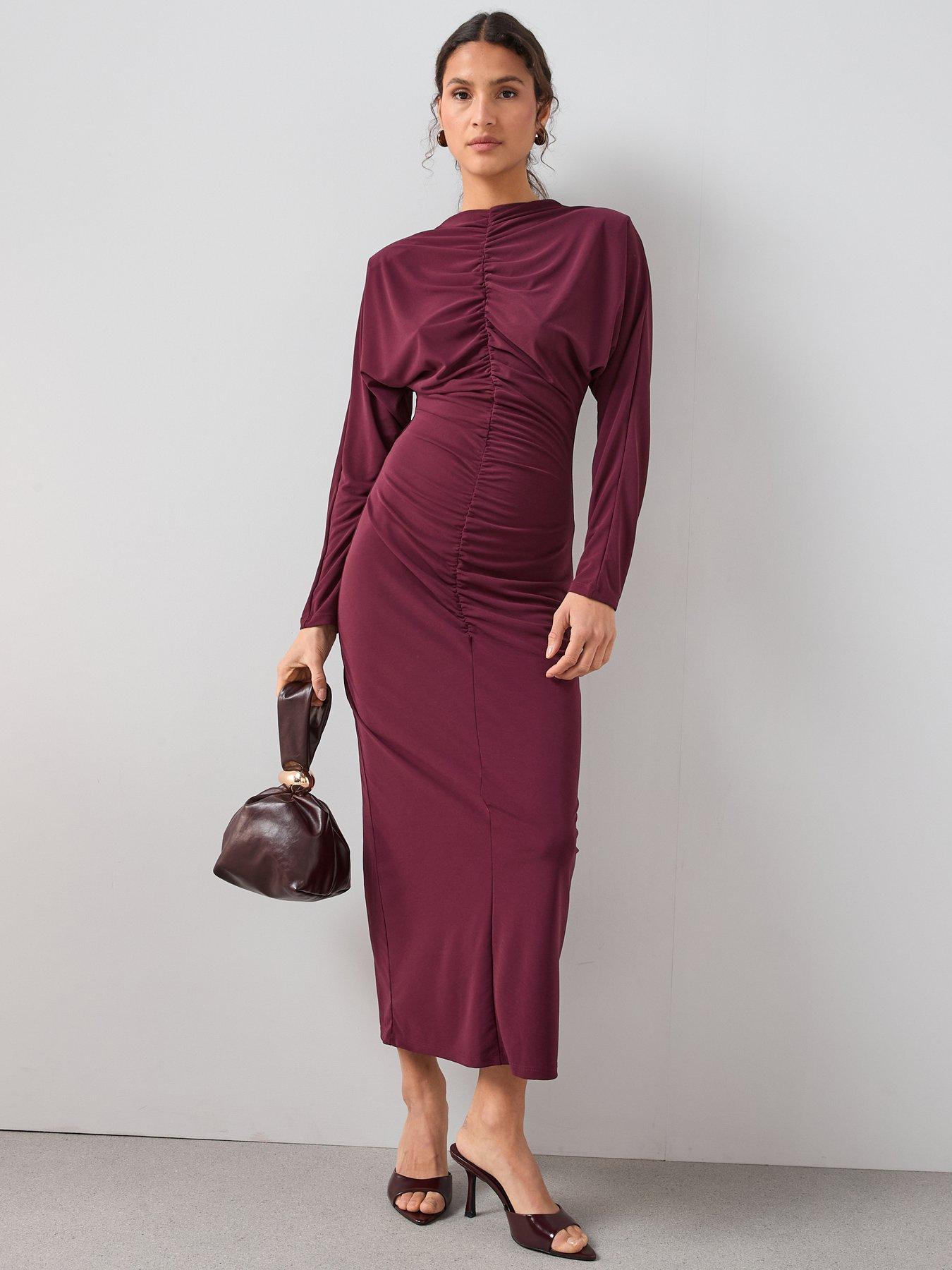 Image 3 of 6 of The Very Collection Ruched Front Midi Dress - Burgundy