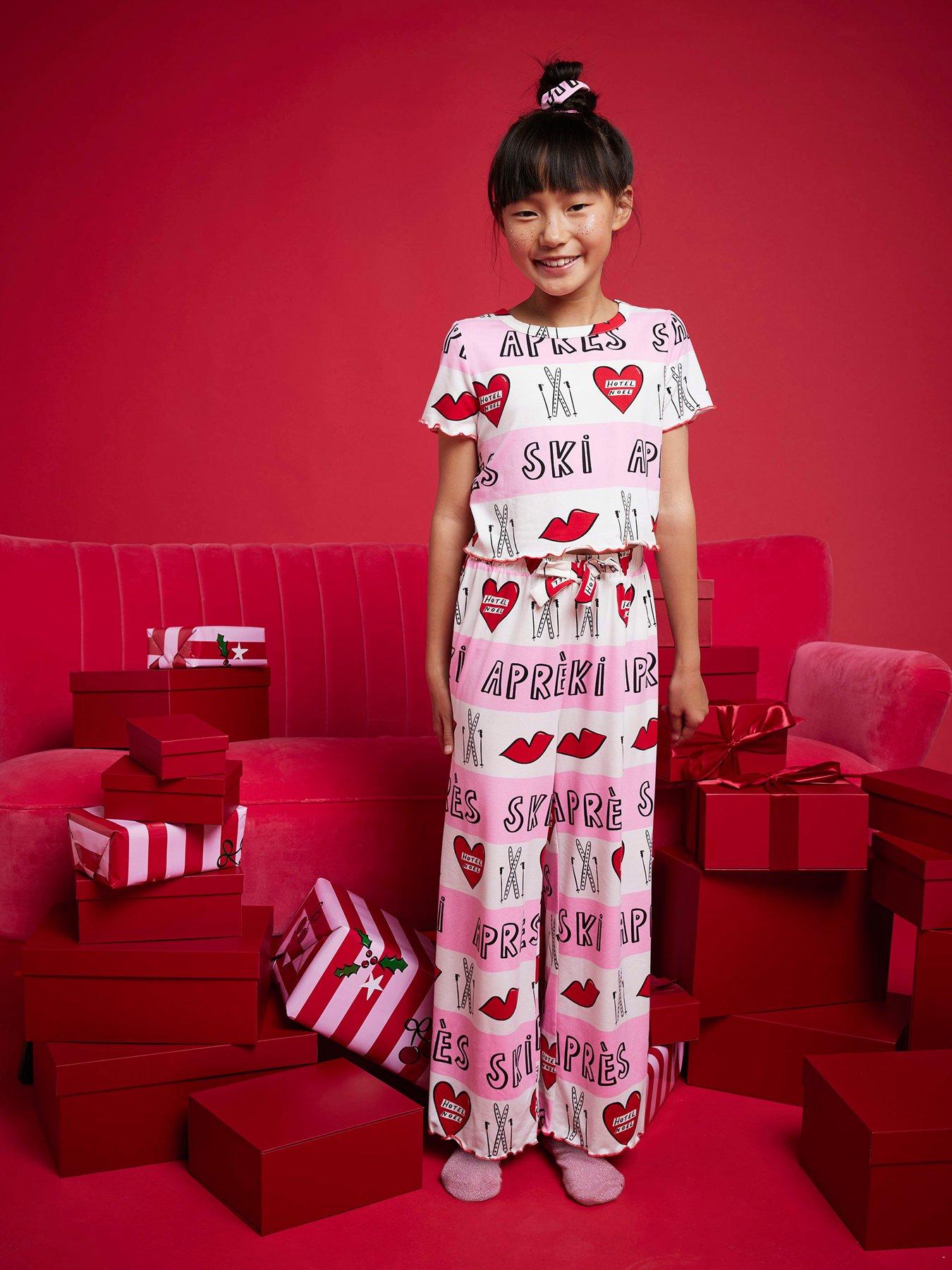 Image 1 of 5 of River Island Older Girls Nephthys Apres Ski Pyjama Set - Pink