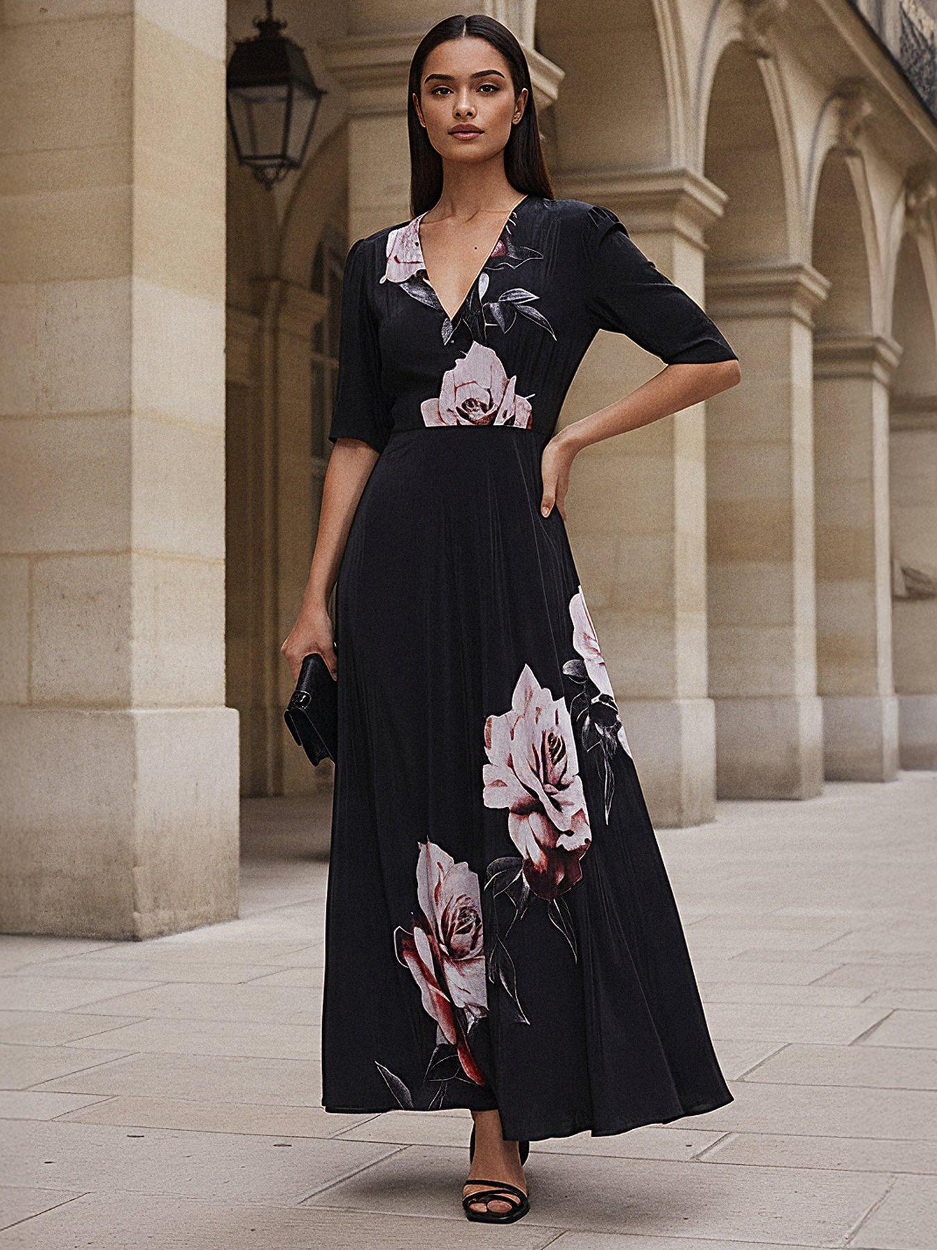 Religion Short Sleeved Diana Maxi Tea Dress With Large Rose Placement Print In Cupro