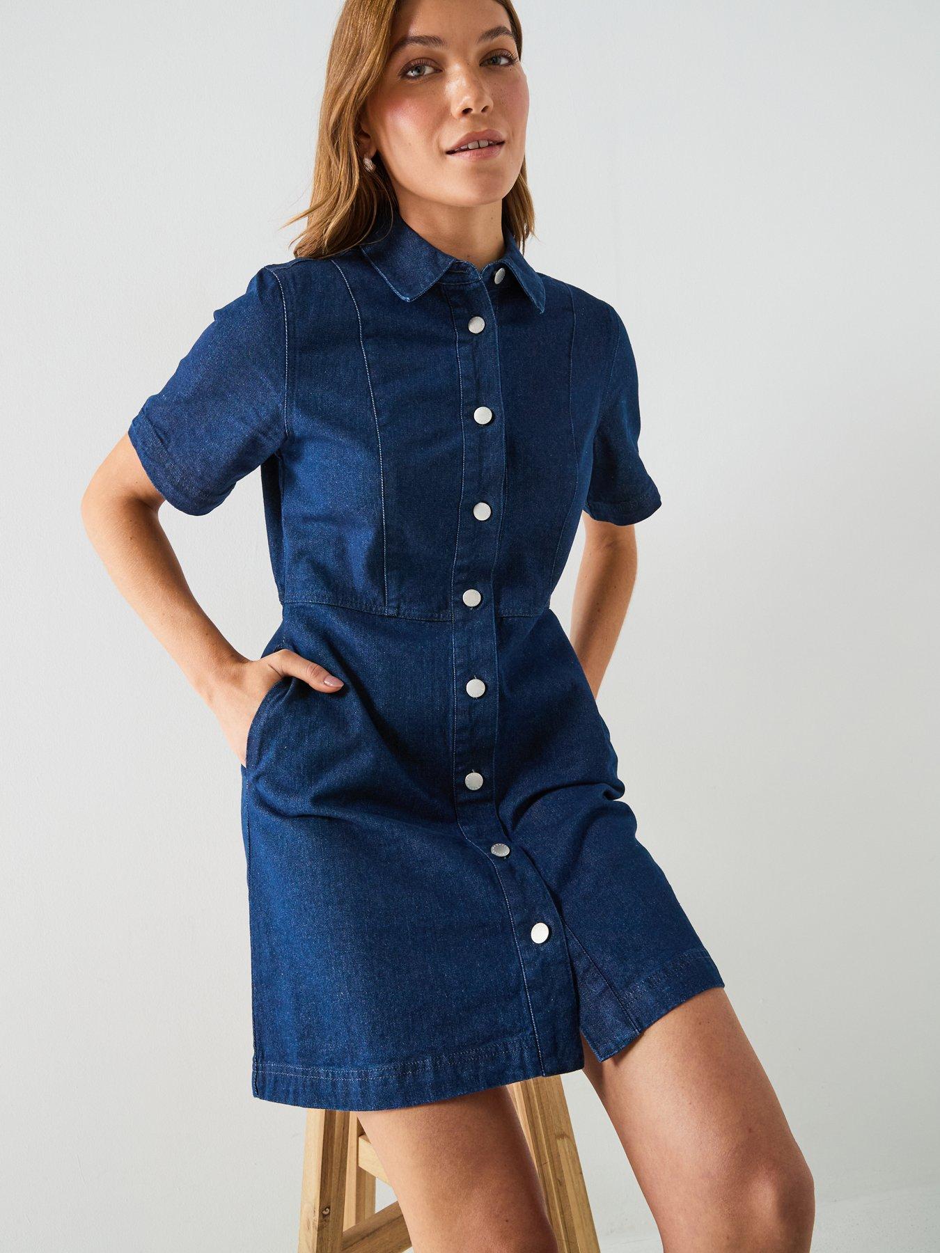 denim mini dress uk Mid Wash boohoo Petite Denim Bandeau Dropped Hem Dress