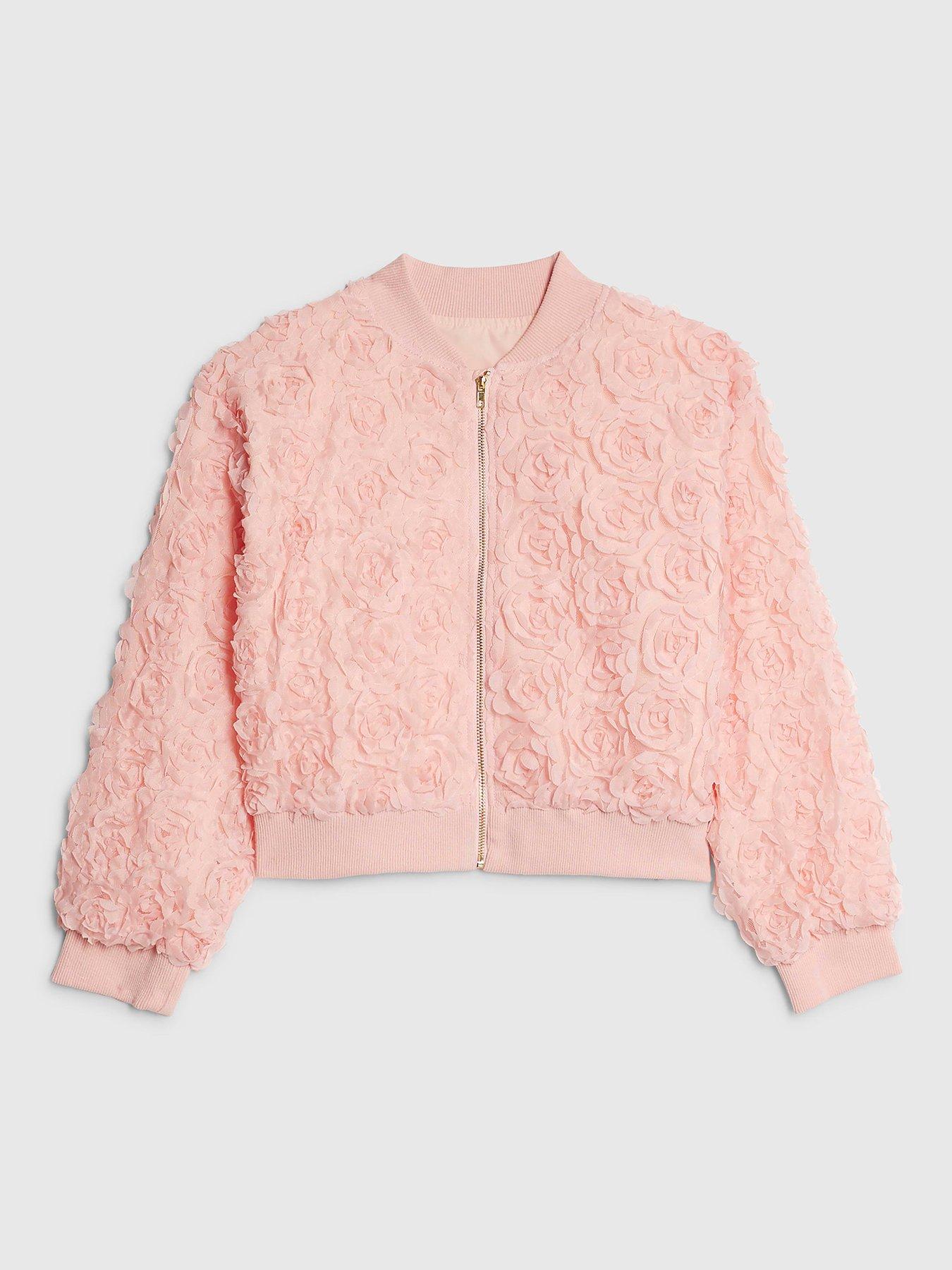 River Island: Older Girls 3D Floral Bomber Jacket - Pink