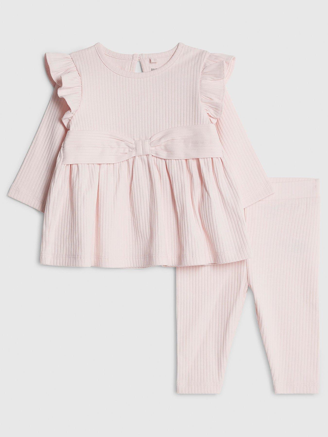 River Island Baby Girls Ribbed Bow Top Set - Pink