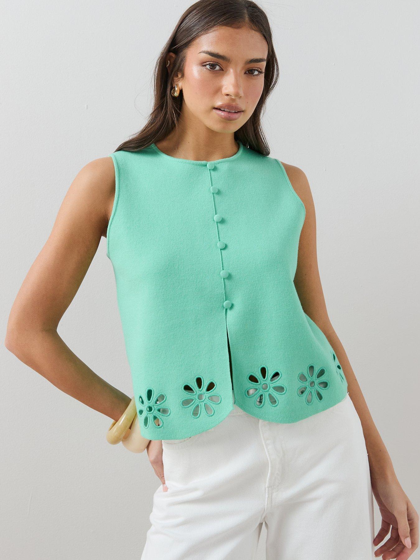 Image 1 of 7 of The Very Collection Crew Neck Flower Detail Knitted Tank - Blue