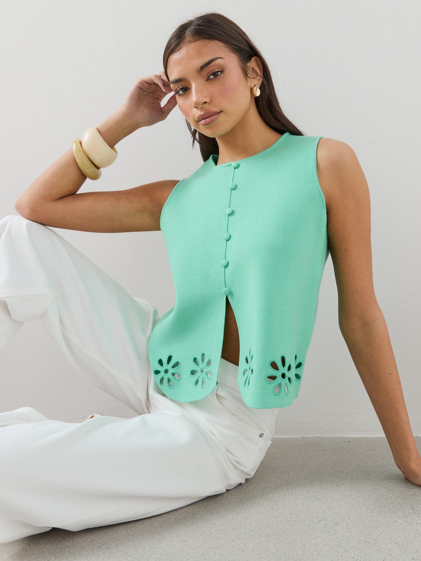Image 4 of 7 of The Very Collection Crew Neck Flower Detail Knitted Tank - Blue