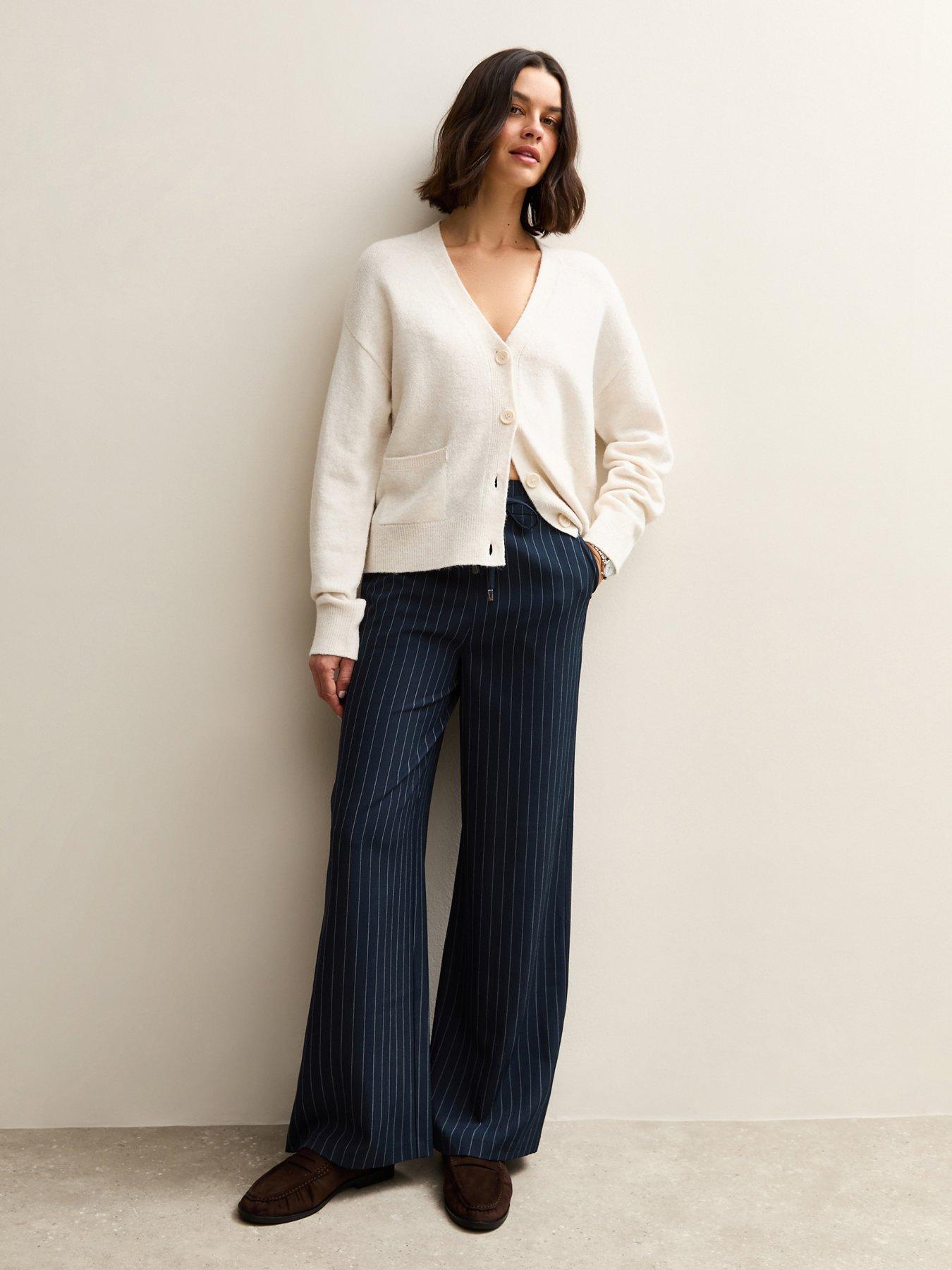 New Look Striped Tie Waist Wide Leg Trousers - Blue