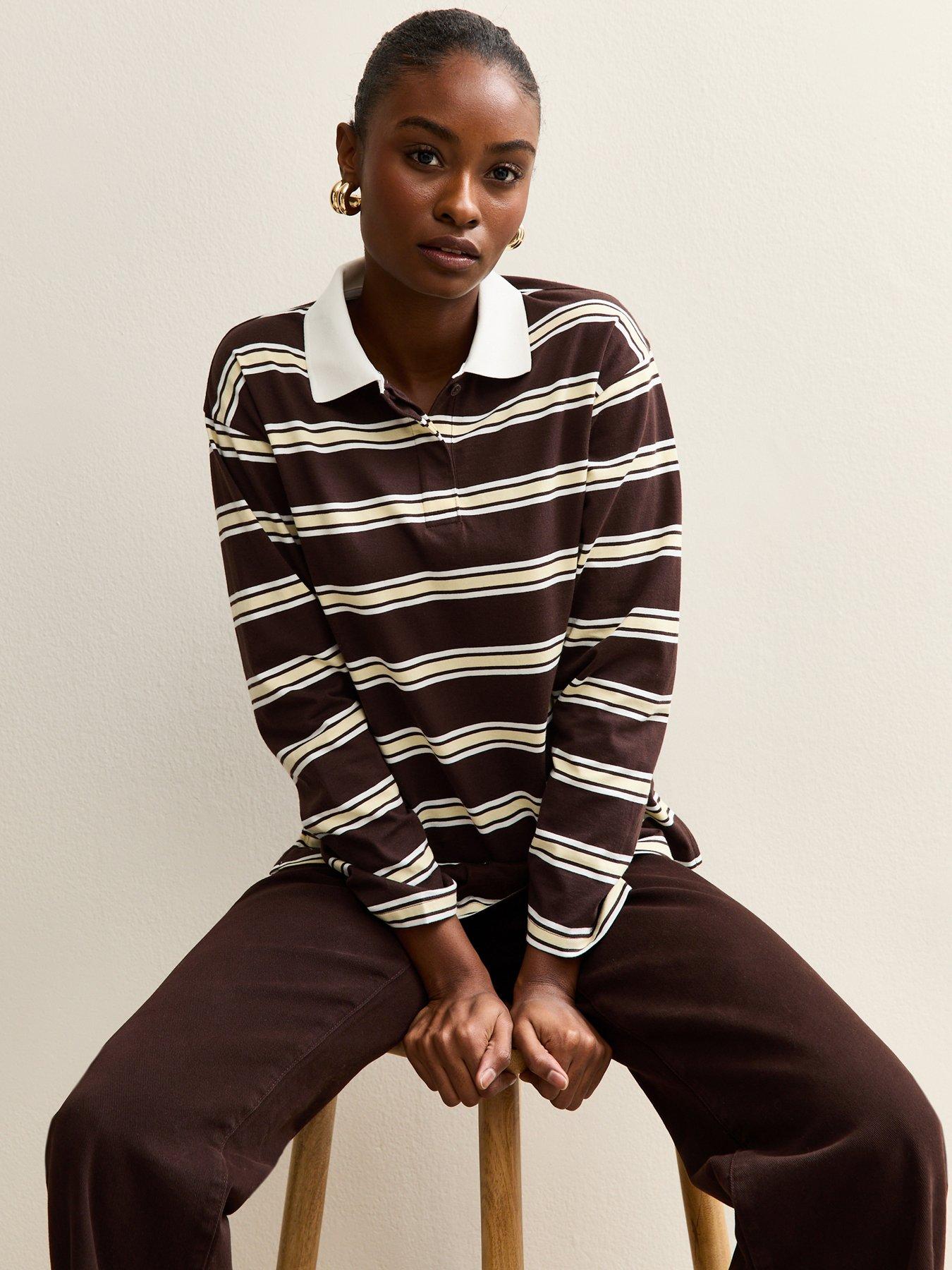 New Look Striped Long Sleeve Rugby Top - Brown