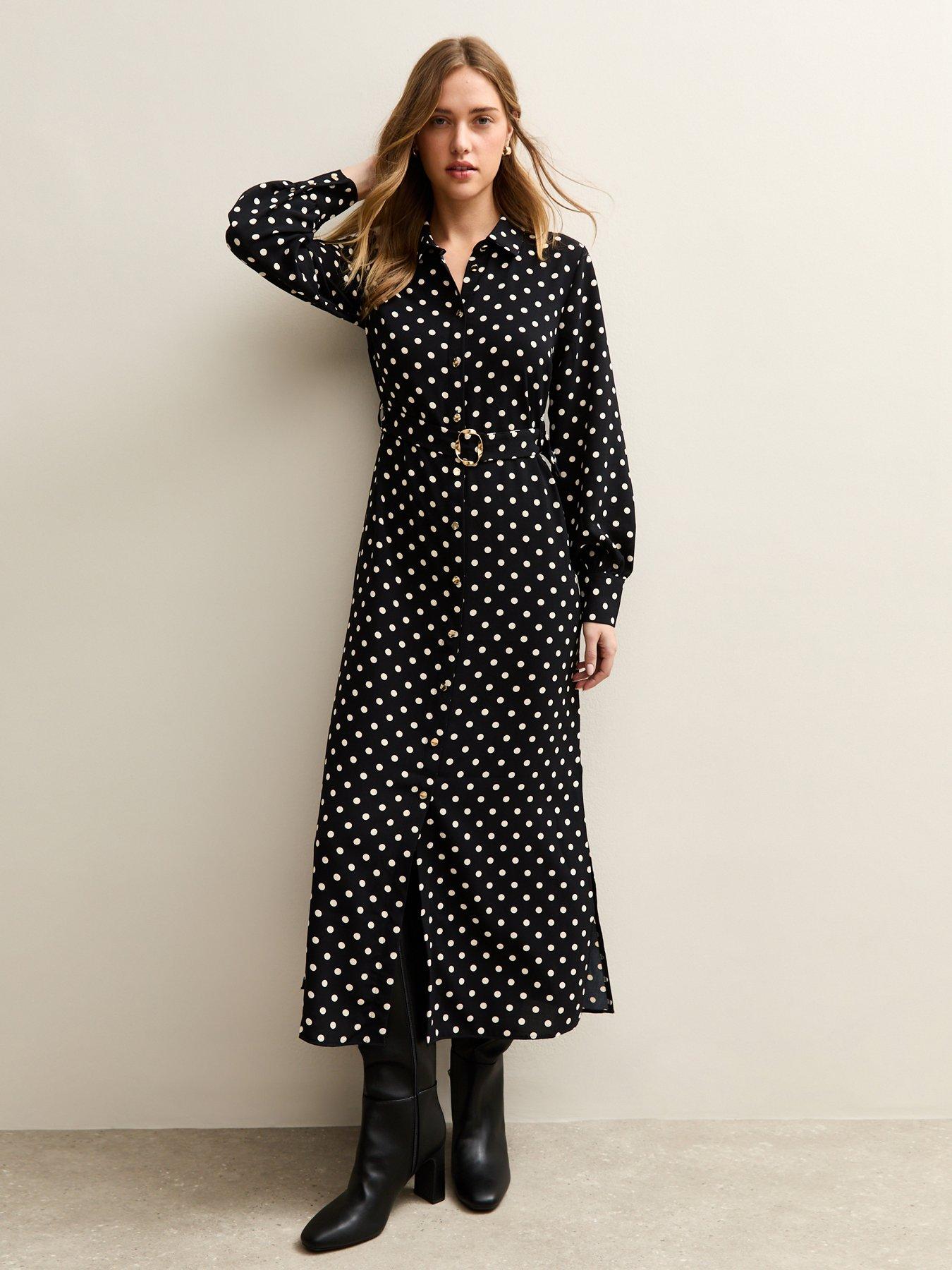 New Look Polka Dot Buckle Shirt Midi Dress - Black