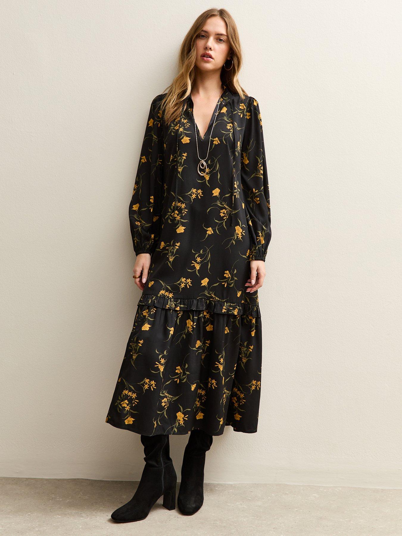 New Look Black Botanical Crepe Smock Midi Dress