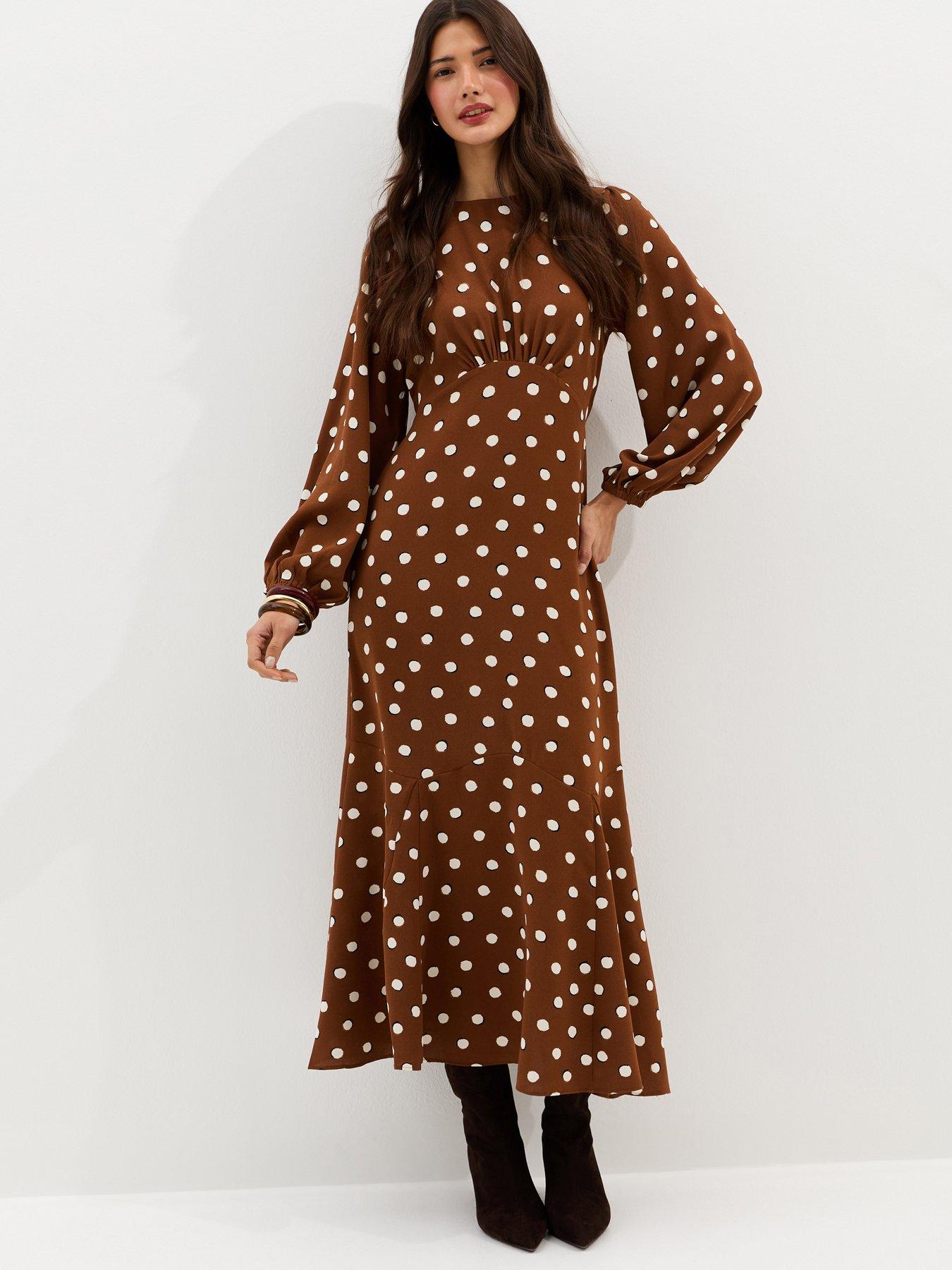 New Look Brown Polka Dot Godet Midi Dress | Very