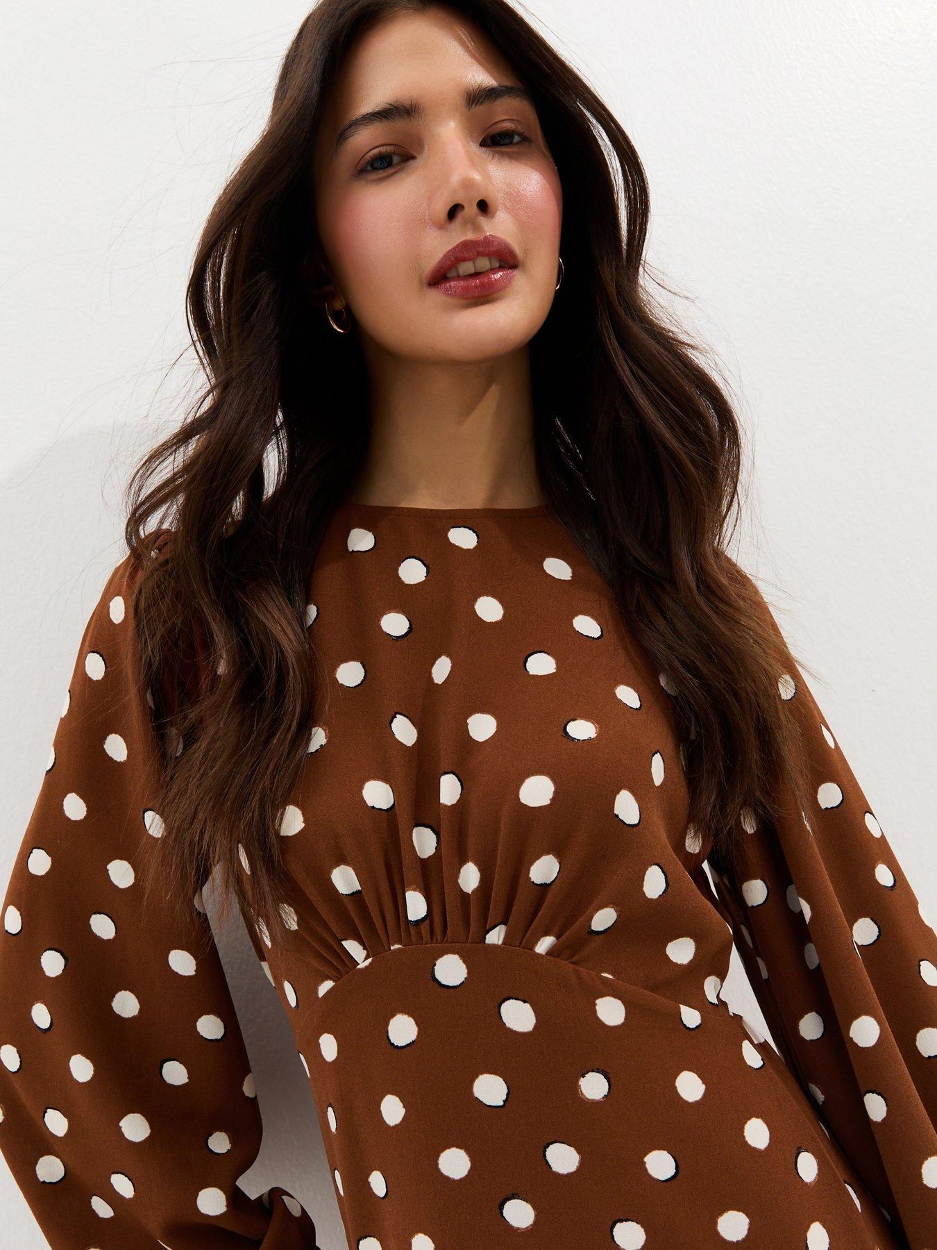 New Look Brown Polka Dot Godet Midi Dress