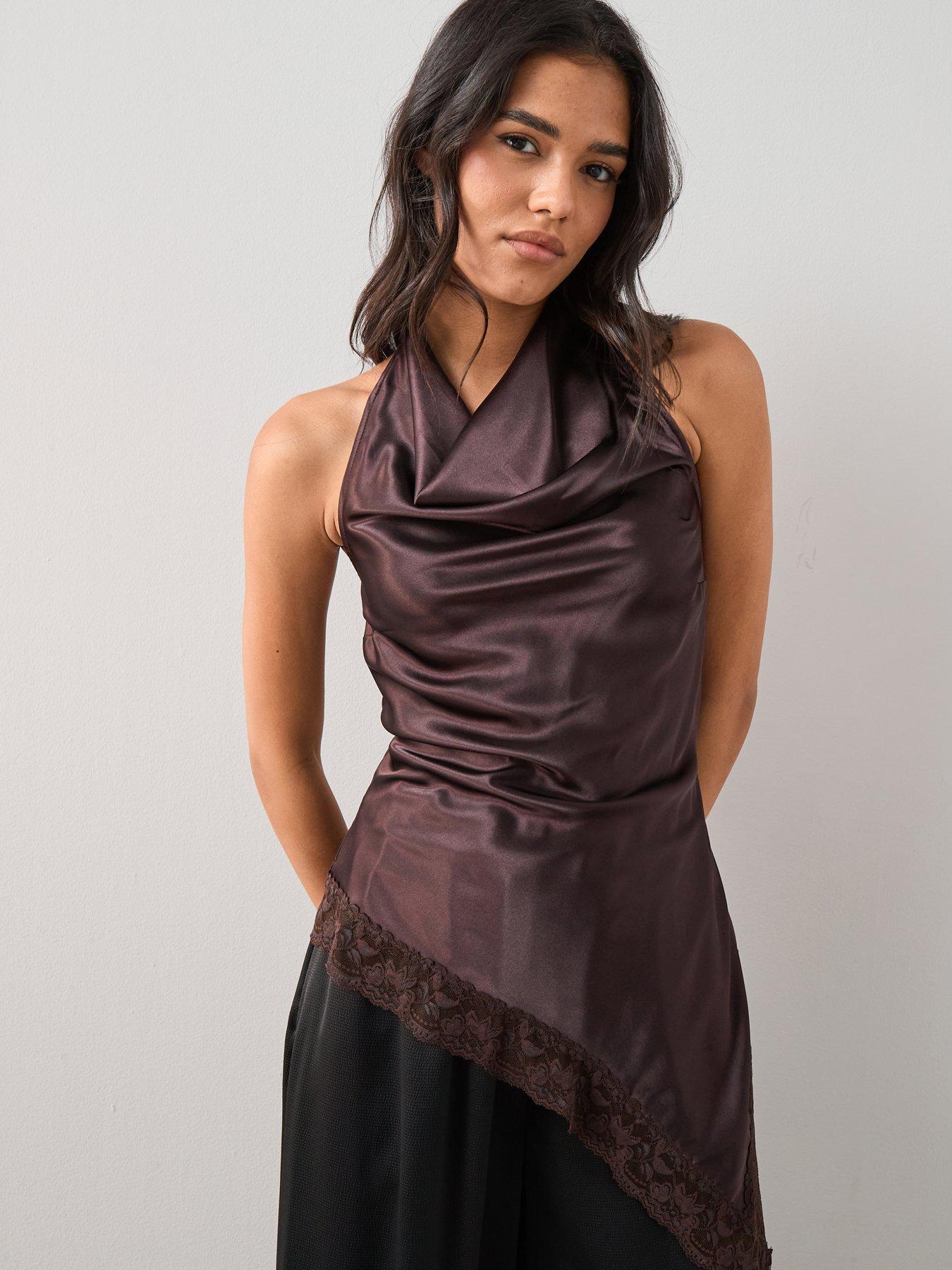 The Very Collection Satin Draped Cowl Neck Asymmetric Blouse - Brown