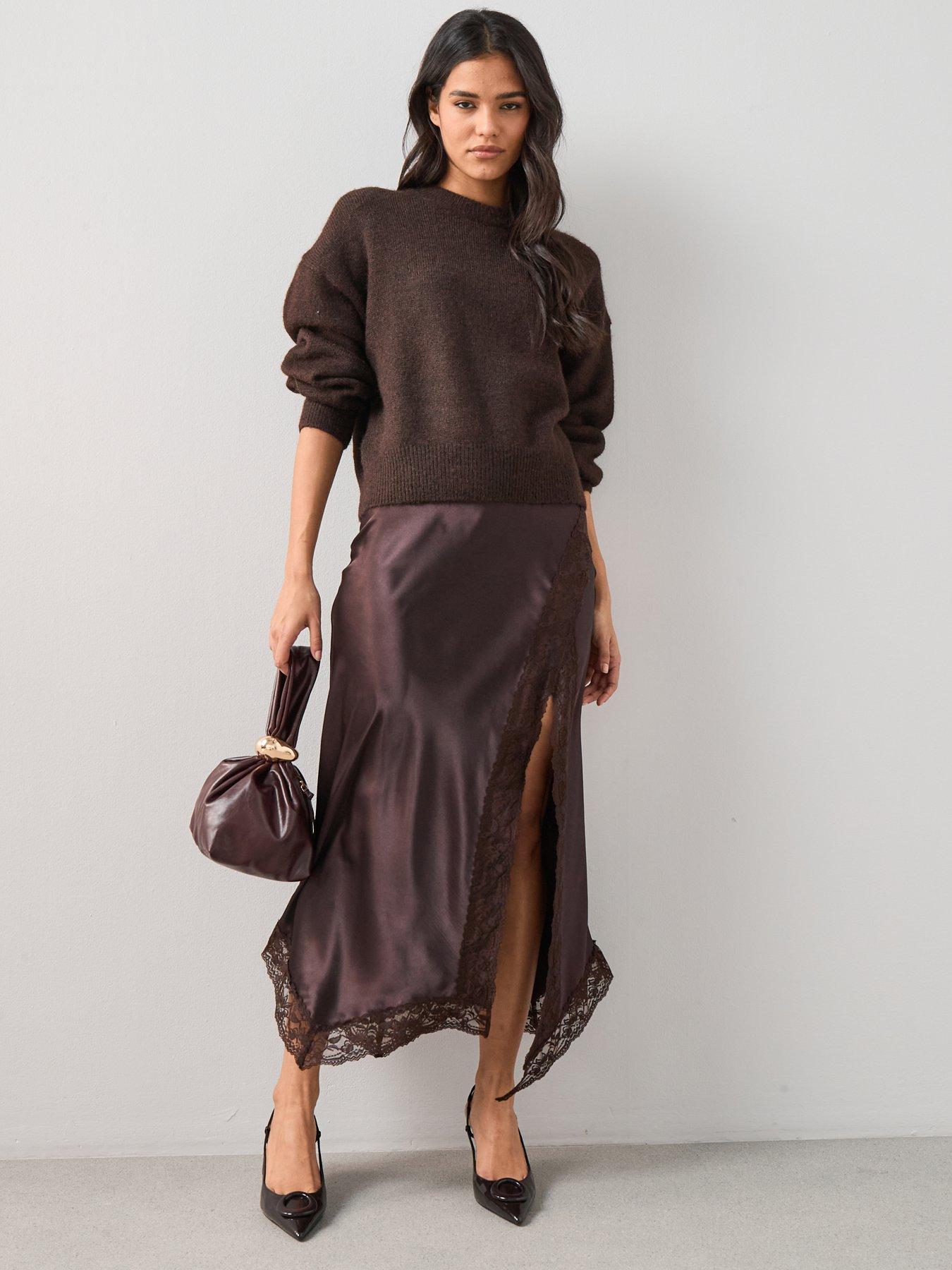 The Very Collection Lace Trim Satin Midi Skirt - Brown