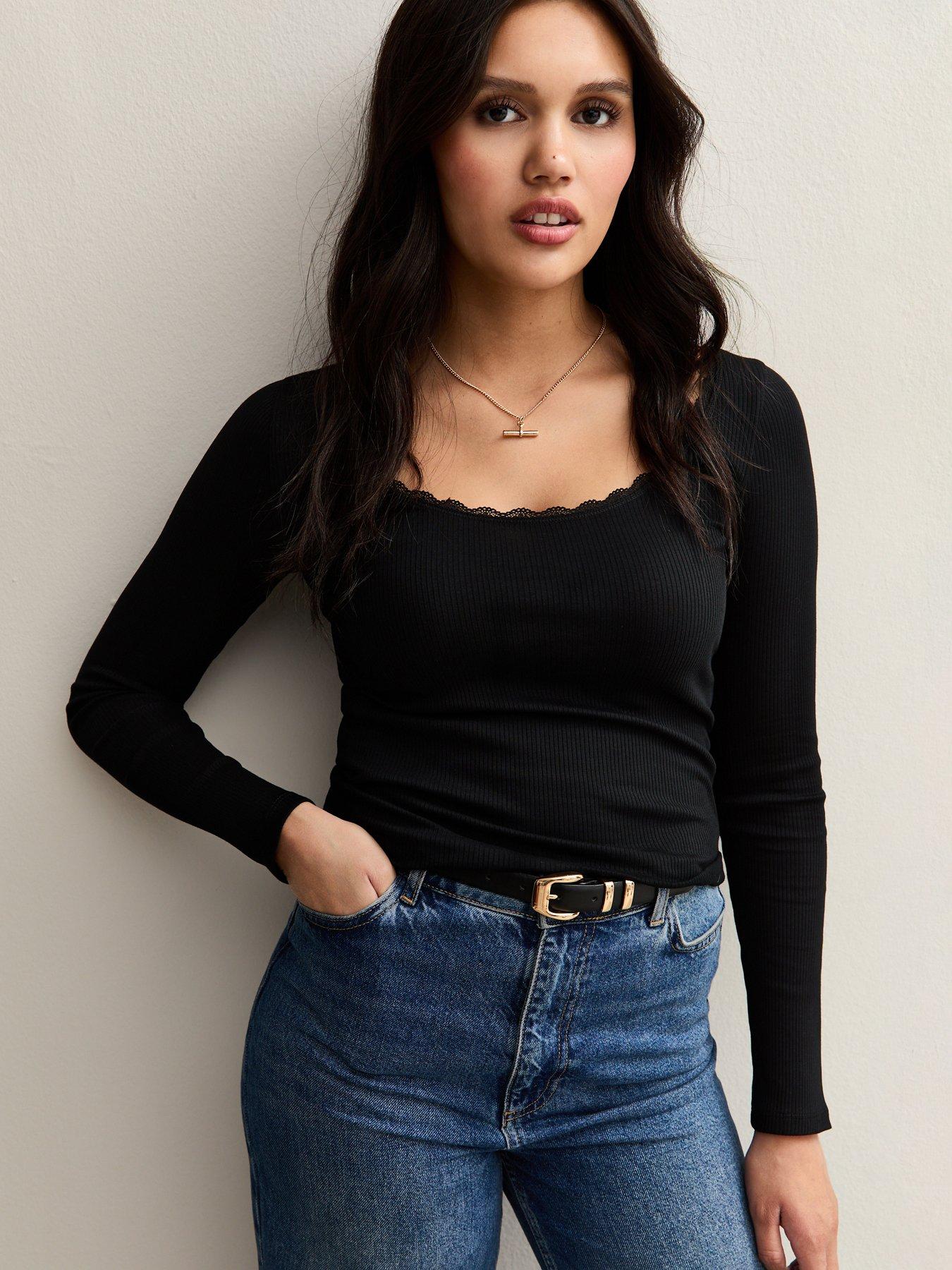 New Look Lace Trimmed Scoop Neck Top - Black