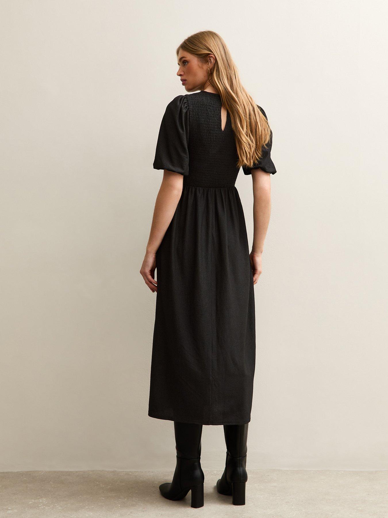 Image 2 of 5 of New Look Shakira Crew Neck Long Sleeve Puff Smock Midi - Black