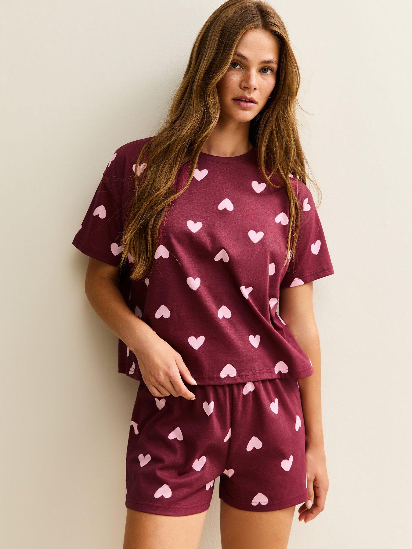 New Look Burgundy Heart Short Sleeve And Short Pyjama Set