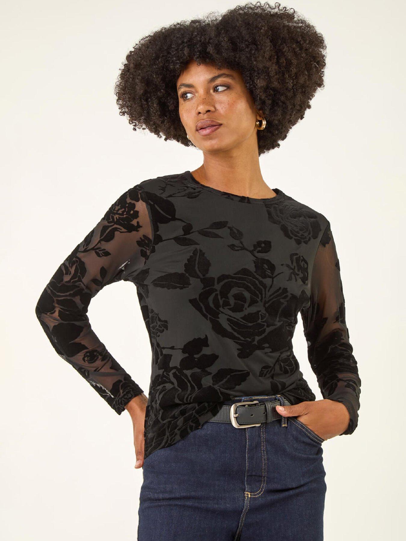 Image 1 of 5 of Roman Textured Velvet Stretch Top - Black