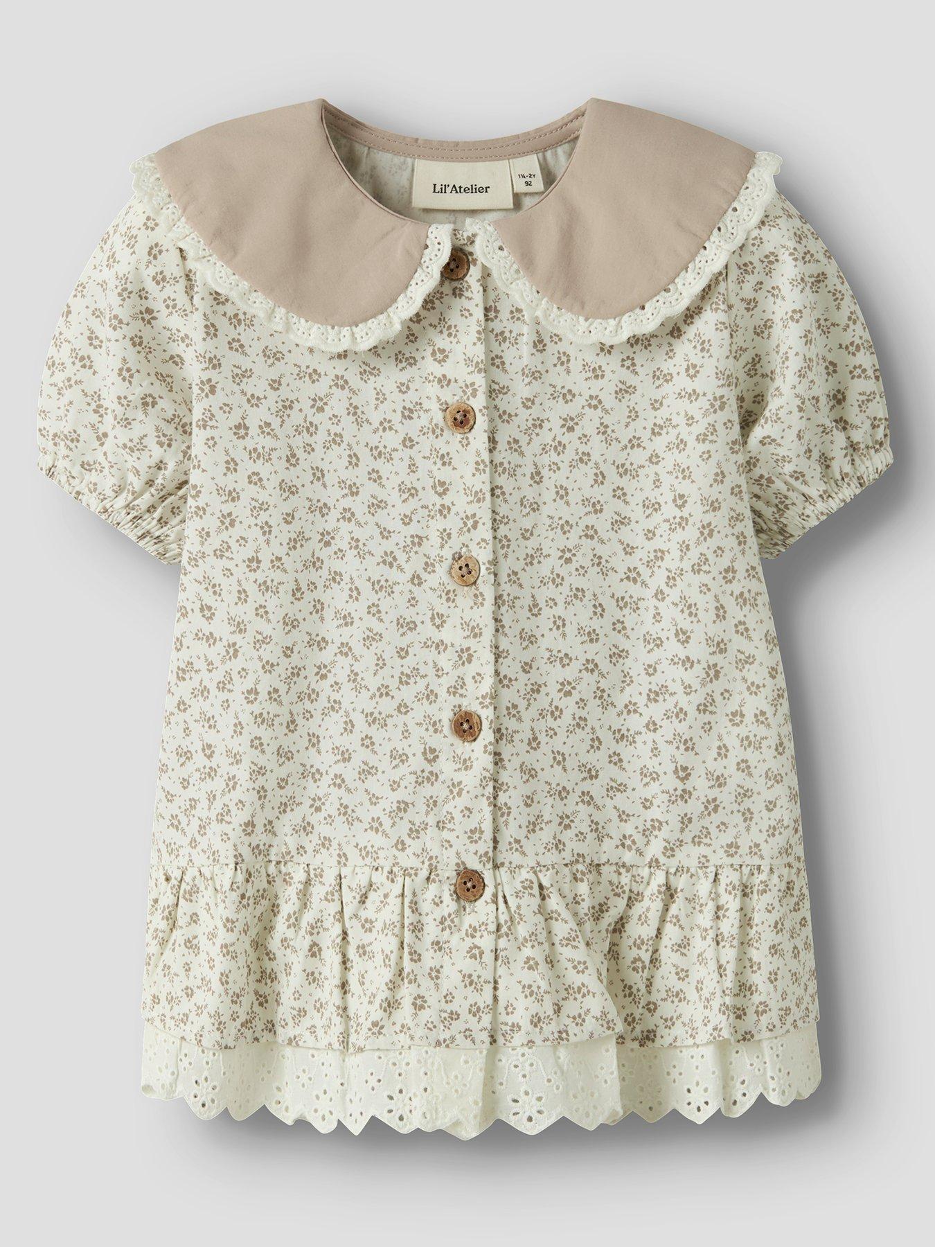 Image 2 of 4 of Lil Atelier Mini Girls Floral Collared Short Sleeve Co-ord Blosue - Cream
