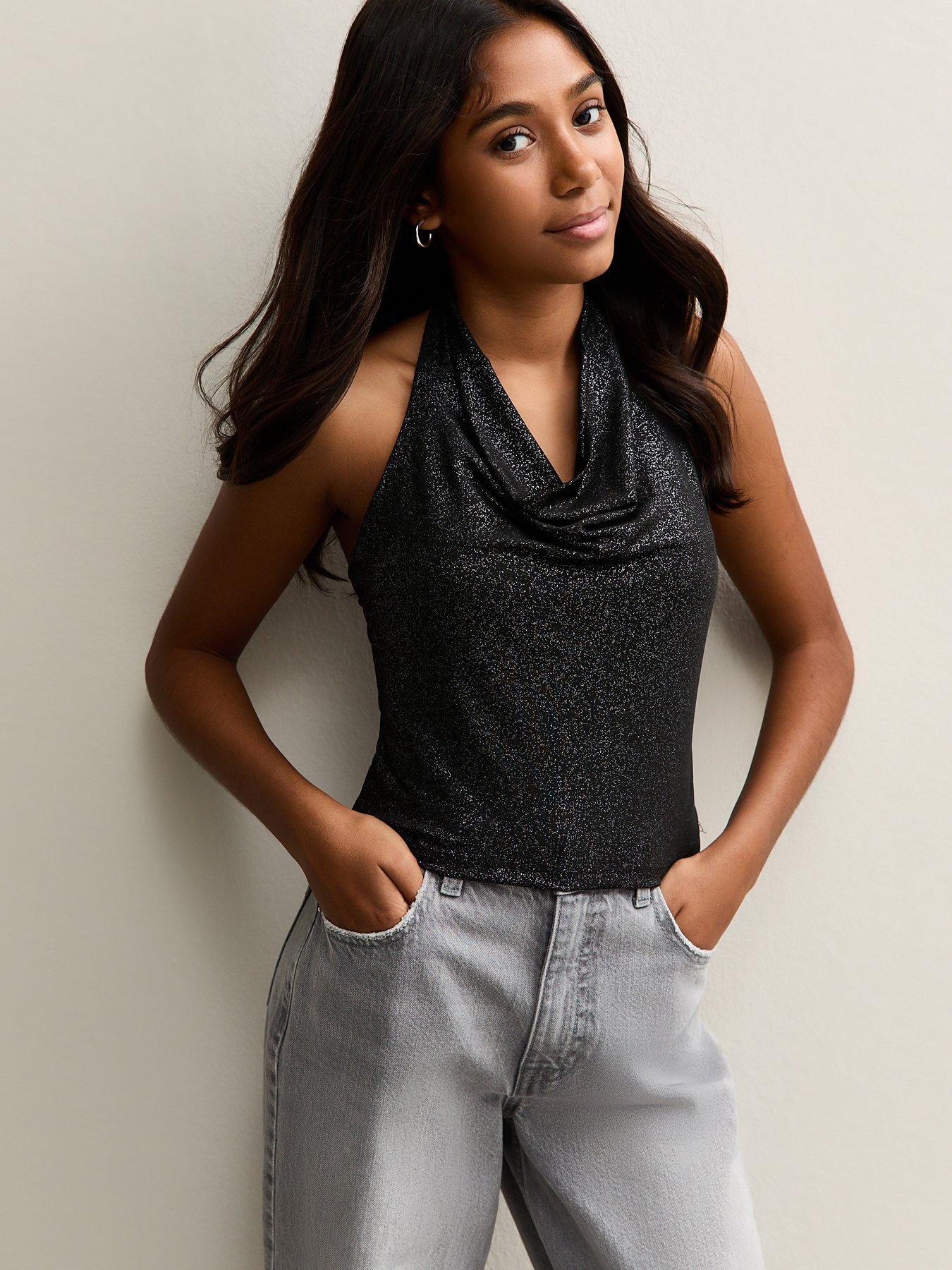 New Look 915 Girls Sparkly Cowl Neck Top - Black