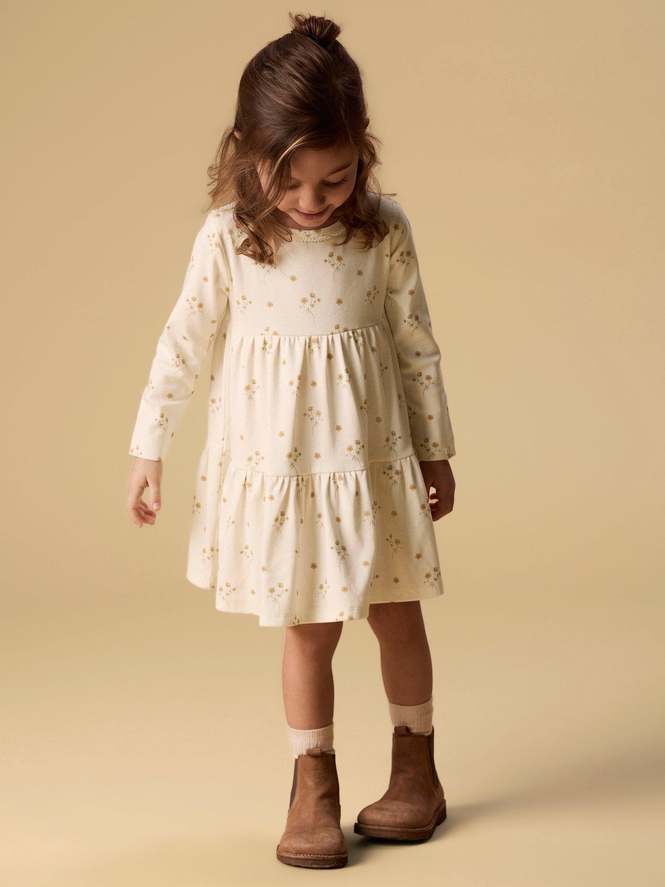 Image 1 of 5 of Lil Atelier Mini Girls Floral Long Sleeve Jersey Dress - Cream