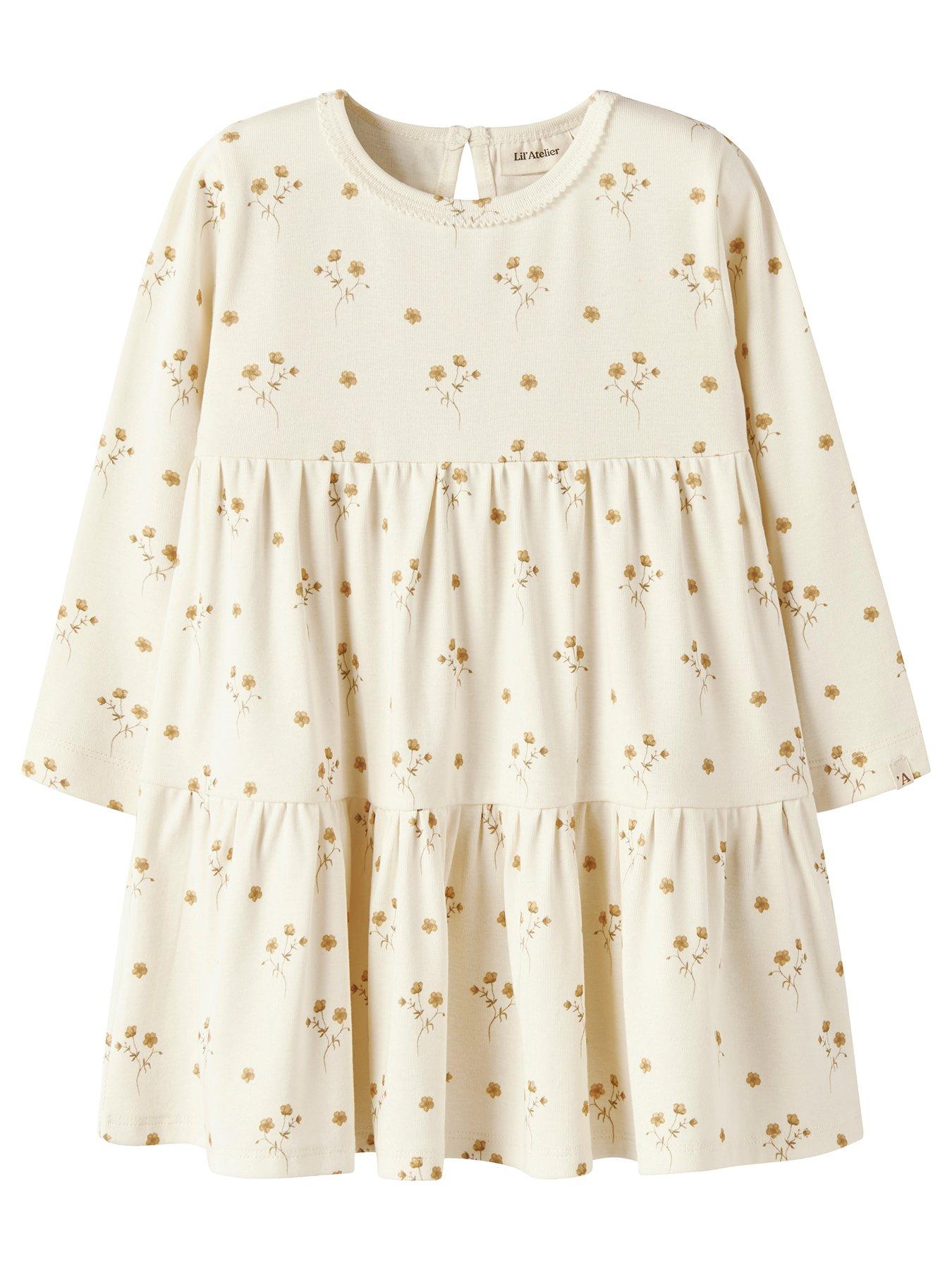 Image 2 of 5 of Lil Atelier Mini Girls Floral Long Sleeve Jersey Dress - Cream