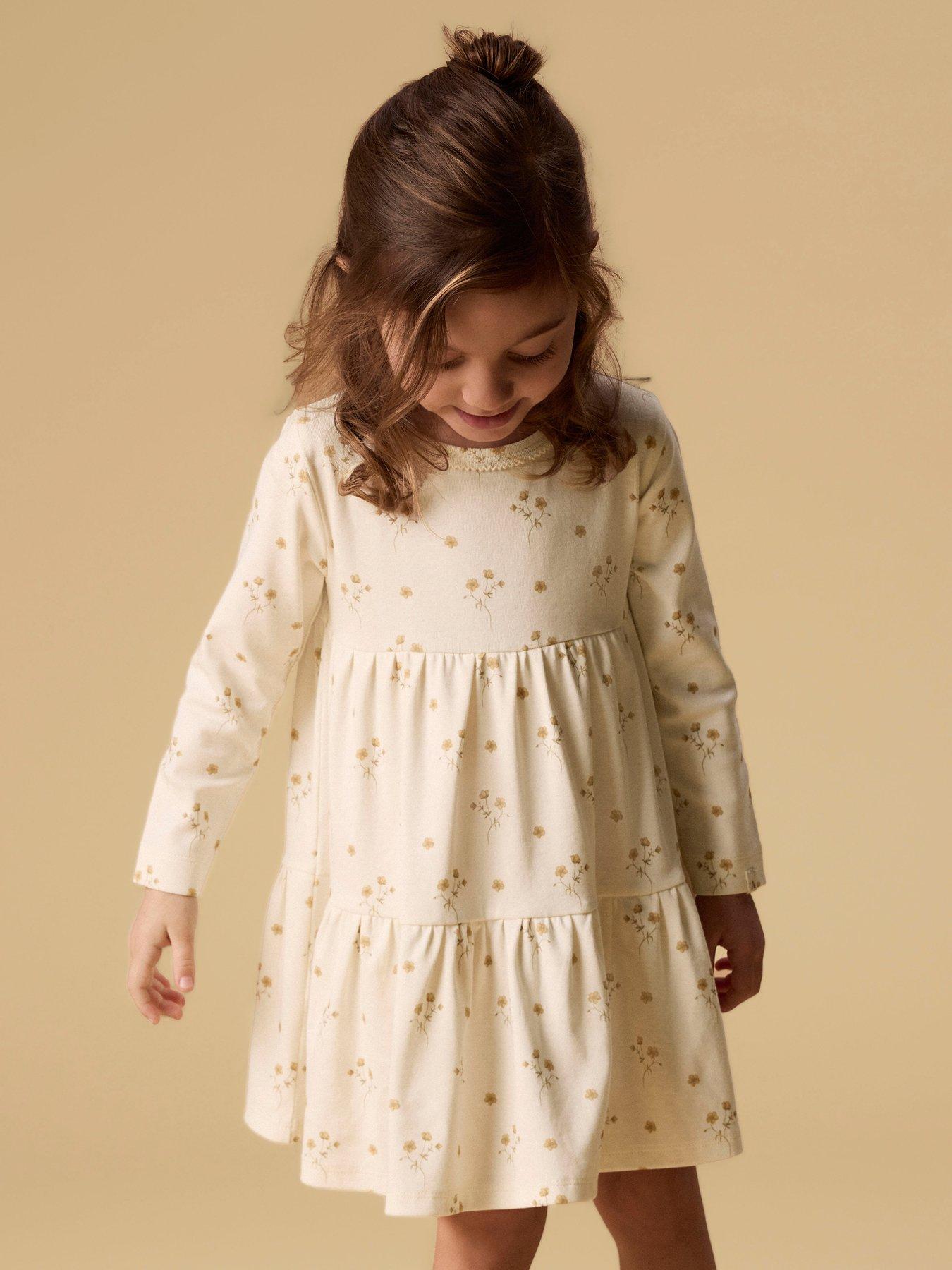Image 5 of 5 of Lil Atelier Mini Girls Floral Long Sleeve Jersey Dress - Cream