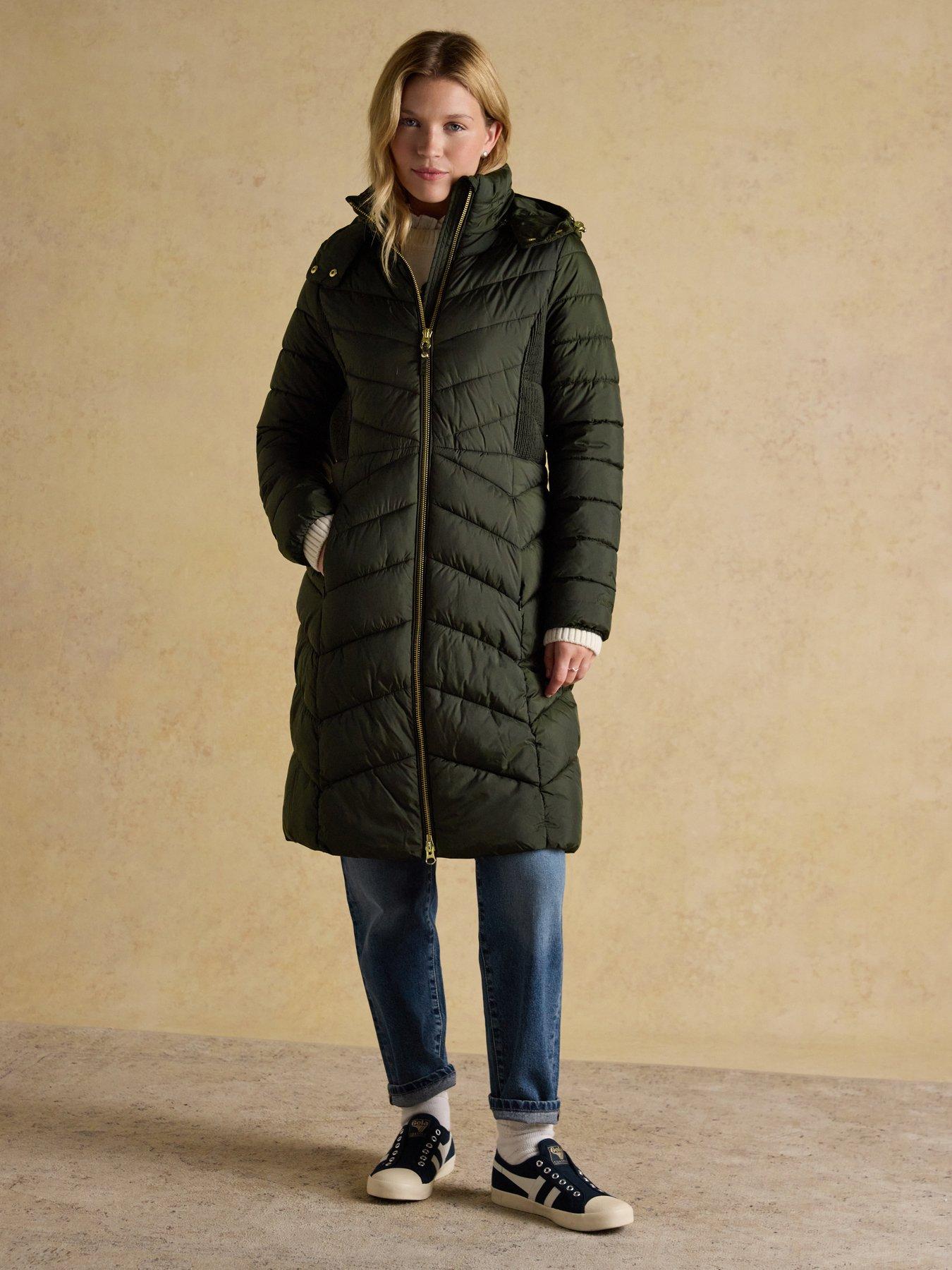 Joules Pembury Showerproof Longline Padded Coat with Hood - Khaki Green
