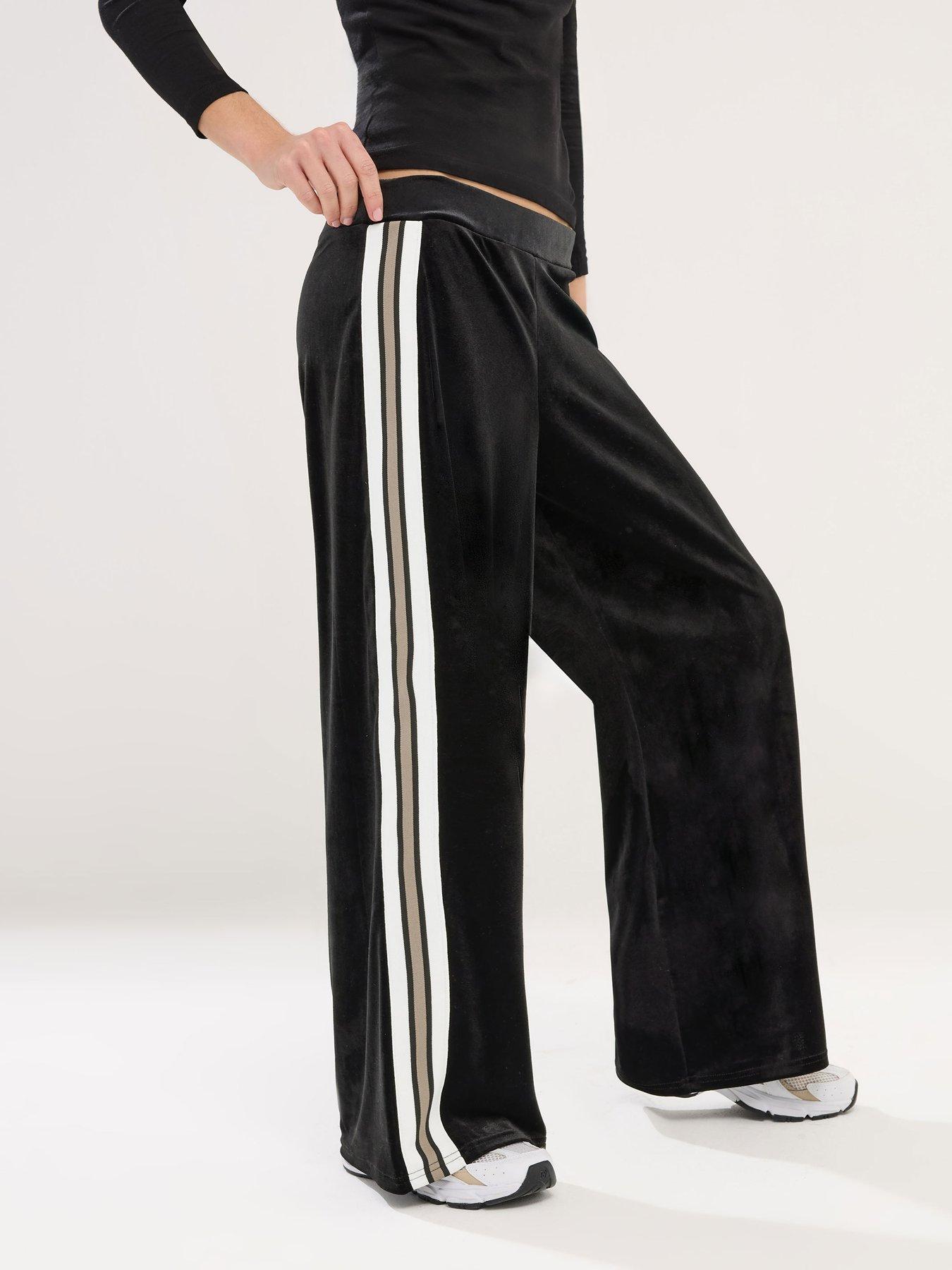 PixieGirl Petite Velour Side Stripe Wide Leg Trouser - Black