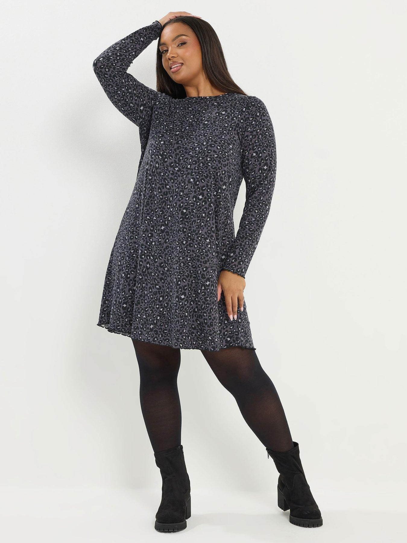 Yours Curve Printed Rib Tunic Dress - Grey