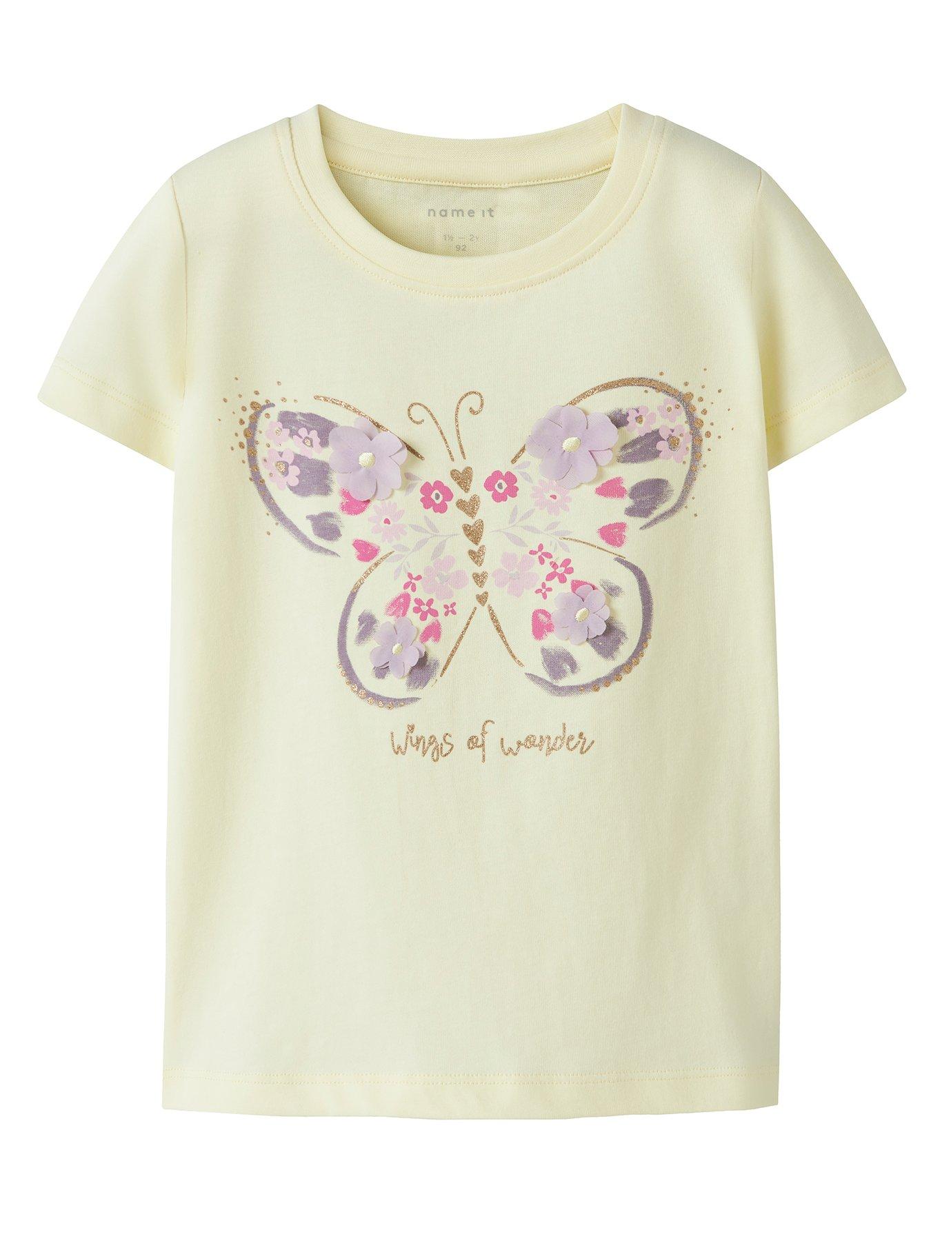 Image 1 of 4 of Name It Mini Girls Embellished Butterfly Short Sleeve Tshirt - Light Yellow