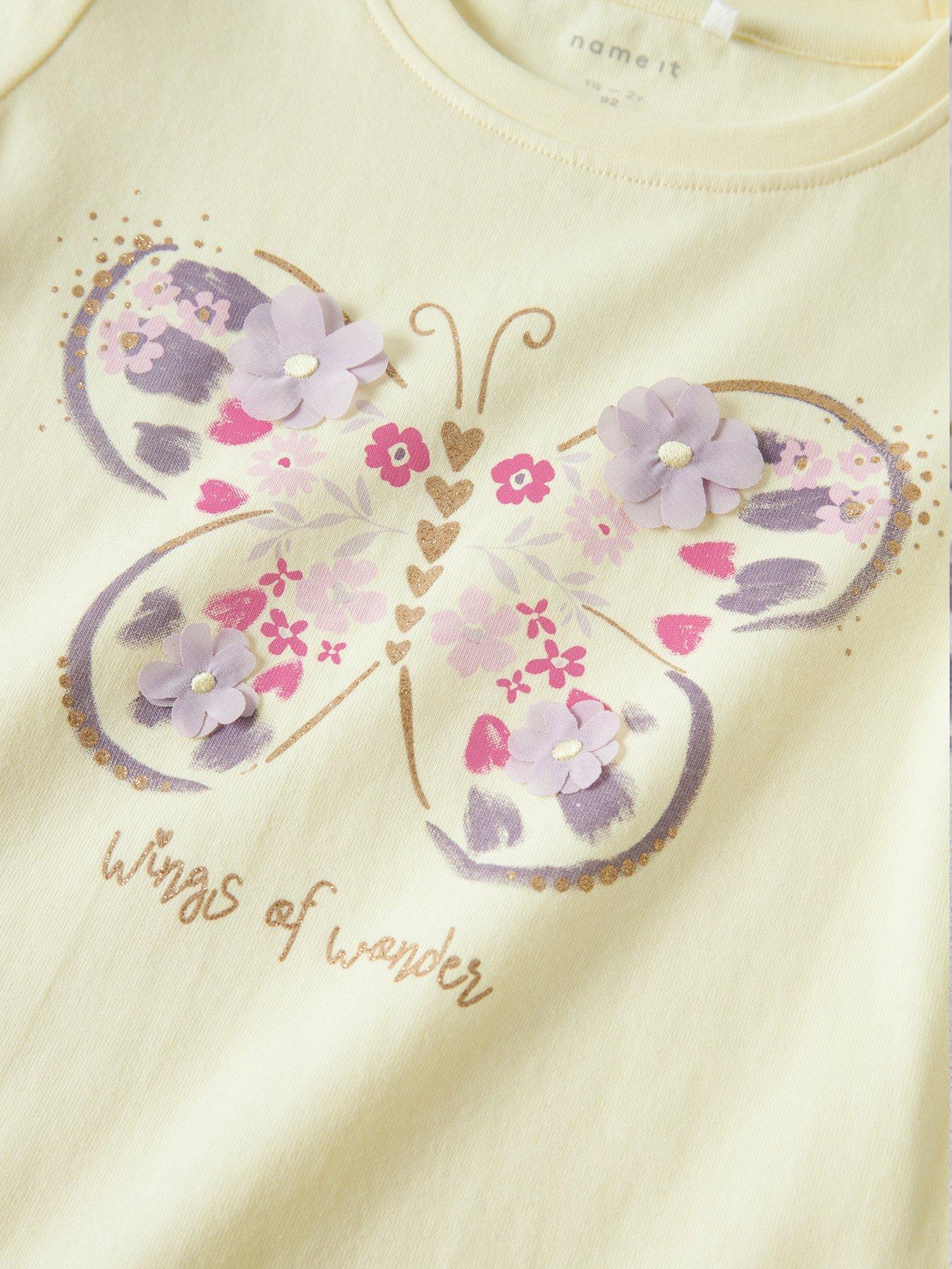 Image 3 of 4 of Name It Mini Girls Embellished Butterfly Short Sleeve Tshirt - Light Yellow