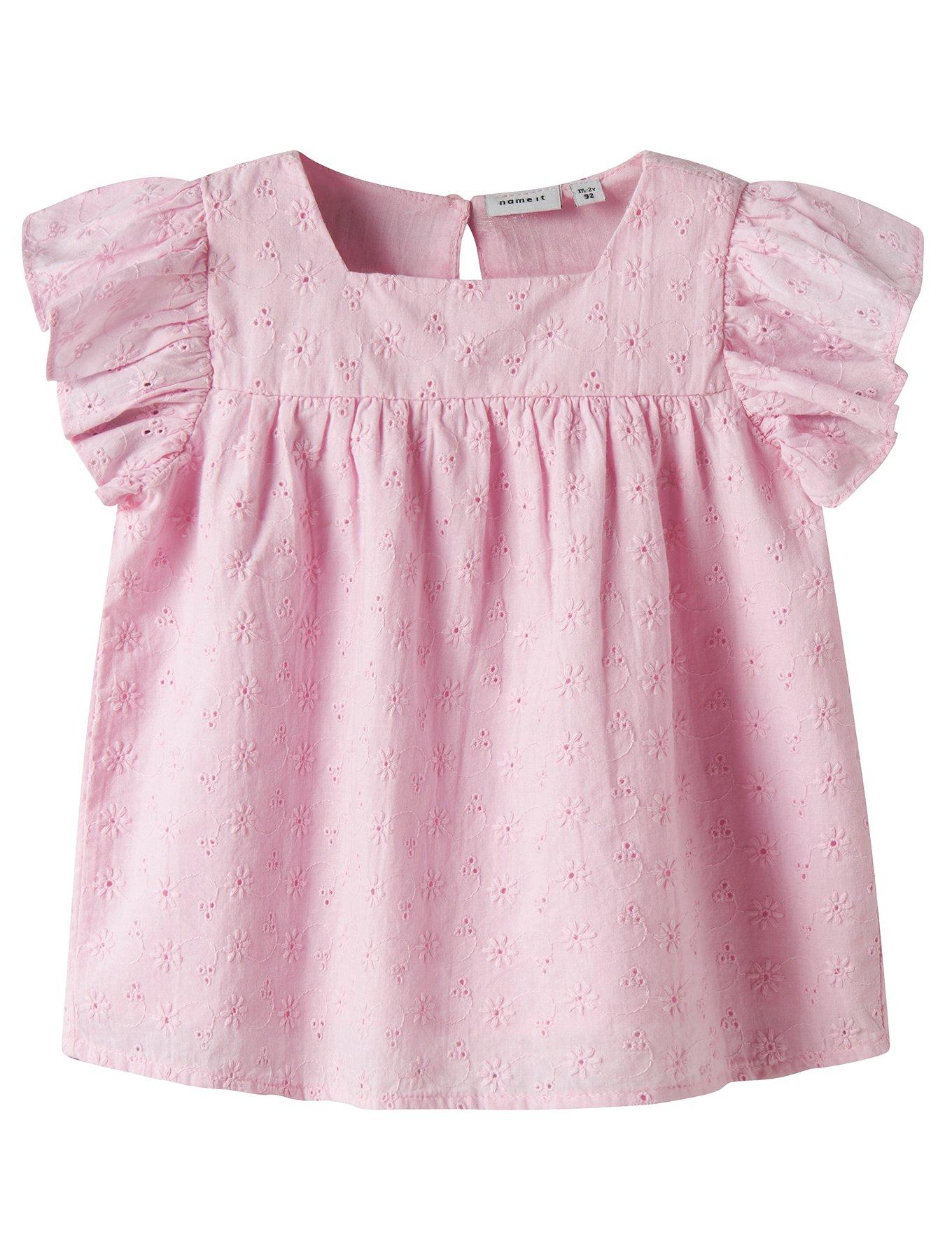 Image 1 of 3 of Name It Mini Girls Floral Embroidered Short Sleeve Co-ord Blouse - Light Pink